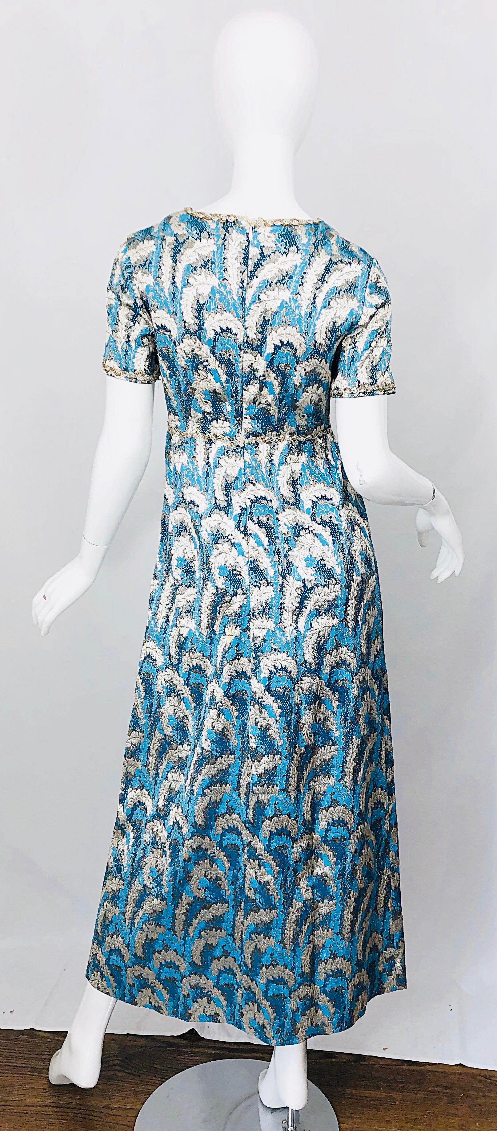 1960s Oscar de la Renta Turquoise Blue Silver Silk Brocade Sequin 60s Gown Dress For Sale 4