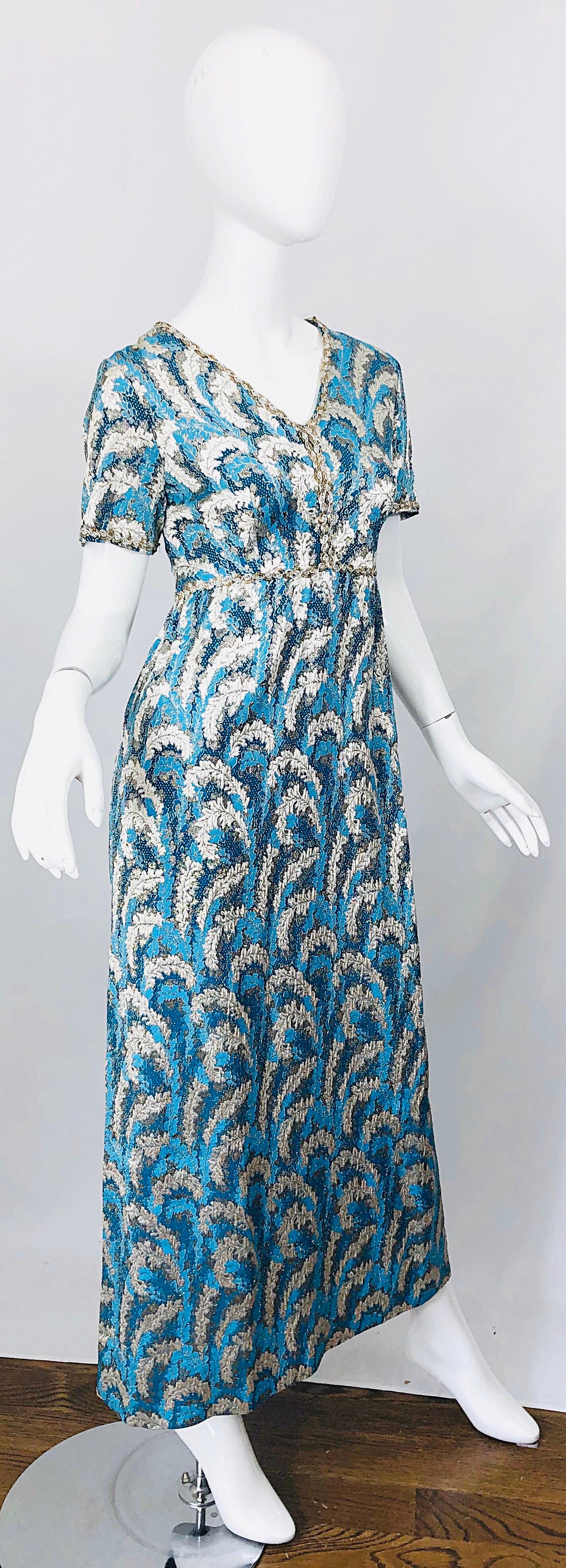 1960er Oscar de la Renta 60er Jahre Abendkleid in Türkis Blau Silber Seide Brokat Pailletten  im Angebot 5