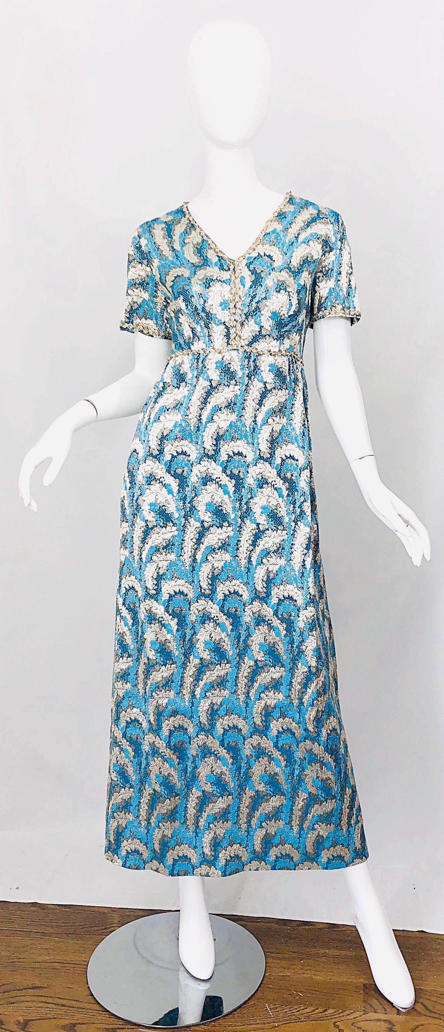 1960s Oscar de la Renta Turquoise Blue Silver Silk Brocade Sequin 60s Gown Dress For Sale 6