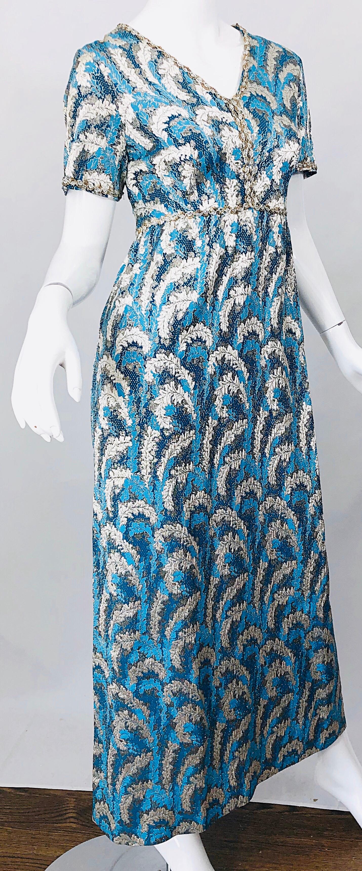 1960s Oscar de la Renta Turquoise Blue Silver Silk Brocade Sequin 60s Gown Dress In Good Condition For Sale In San Diego, CA