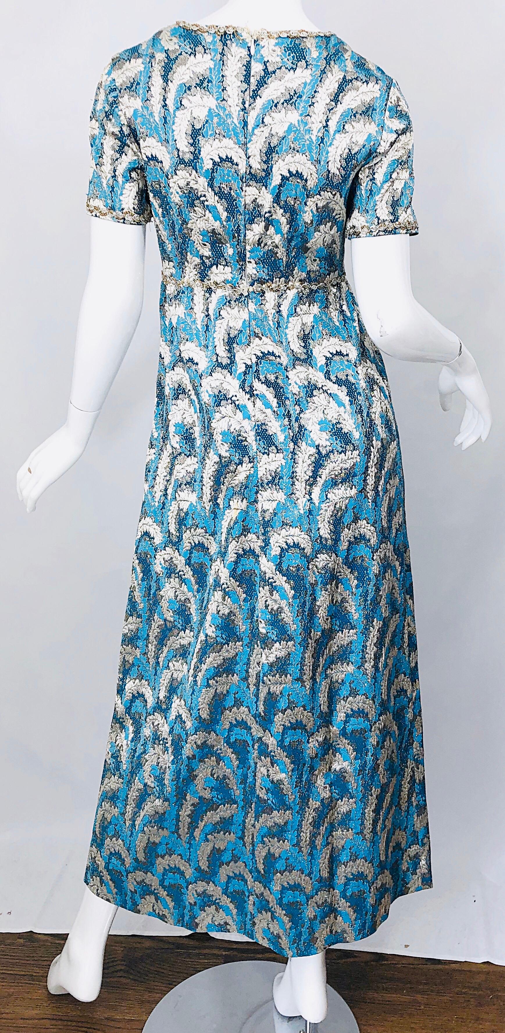 Women's 1960s Oscar de la Renta Turquoise Blue Silver Silk Brocade Sequin 60s Gown Dress For Sale