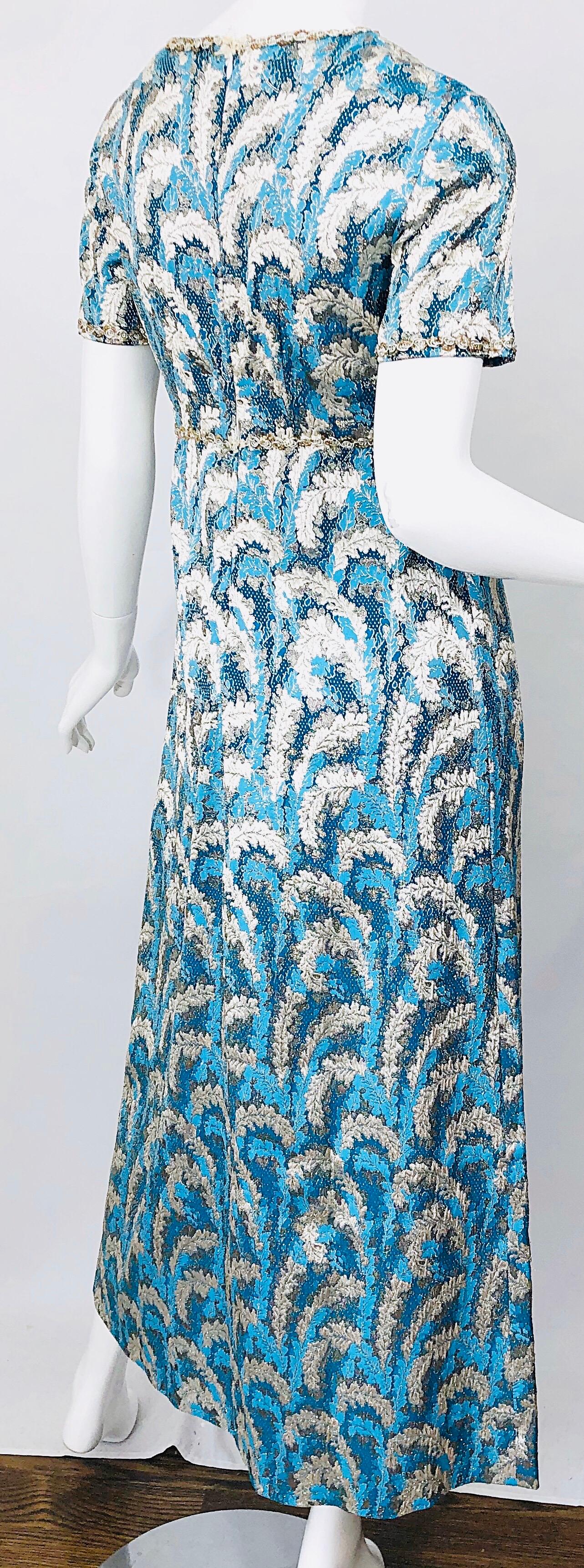 1960s Oscar de la Renta Turquoise Blue Silver Silk Brocade Sequin 60s Gown Dress For Sale 2