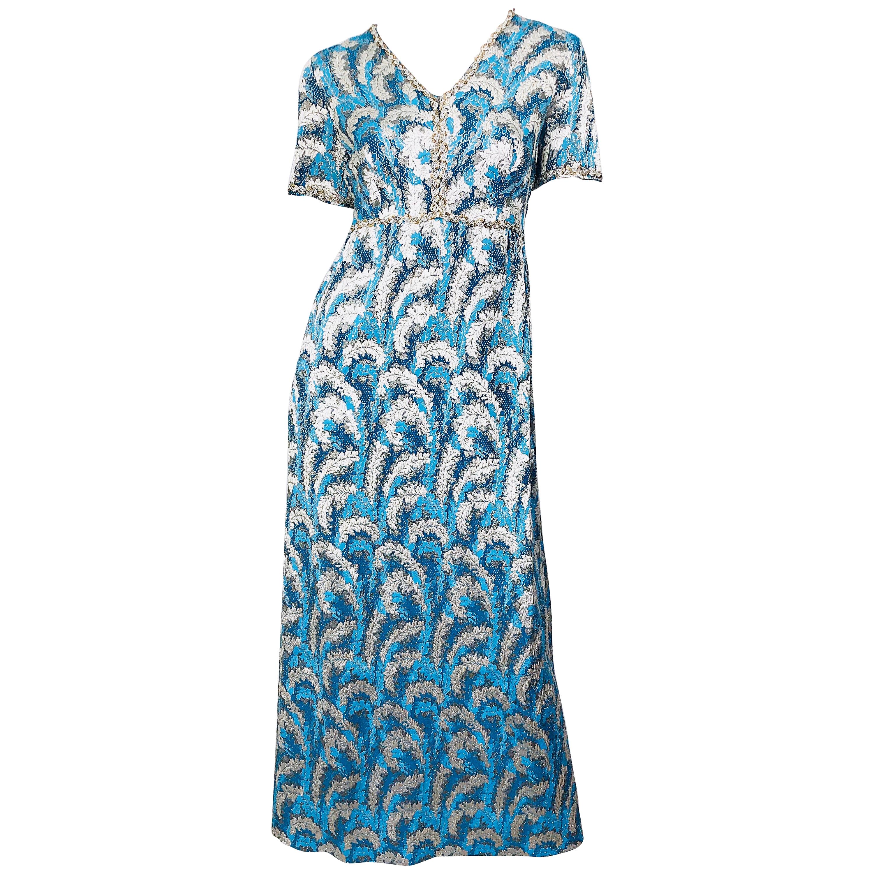 1960s Oscar de la Renta Turquoise Blue Silver Silk Brocade Sequin 60s Gown Dress