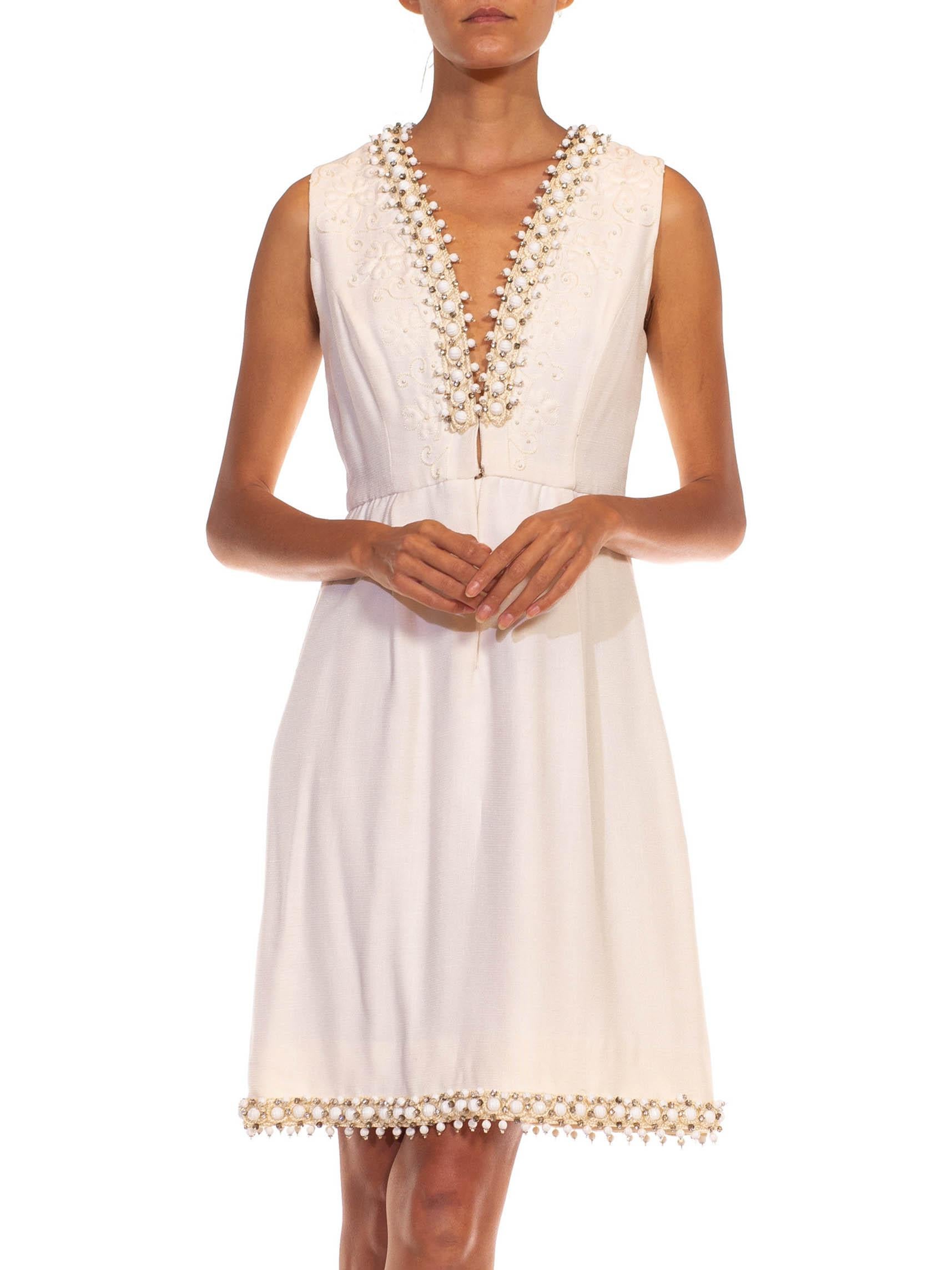 1960S OSCAR DE LA RENTA White Wool Blend Plunging V Neck Mod Dress With Crystals For Sale 1