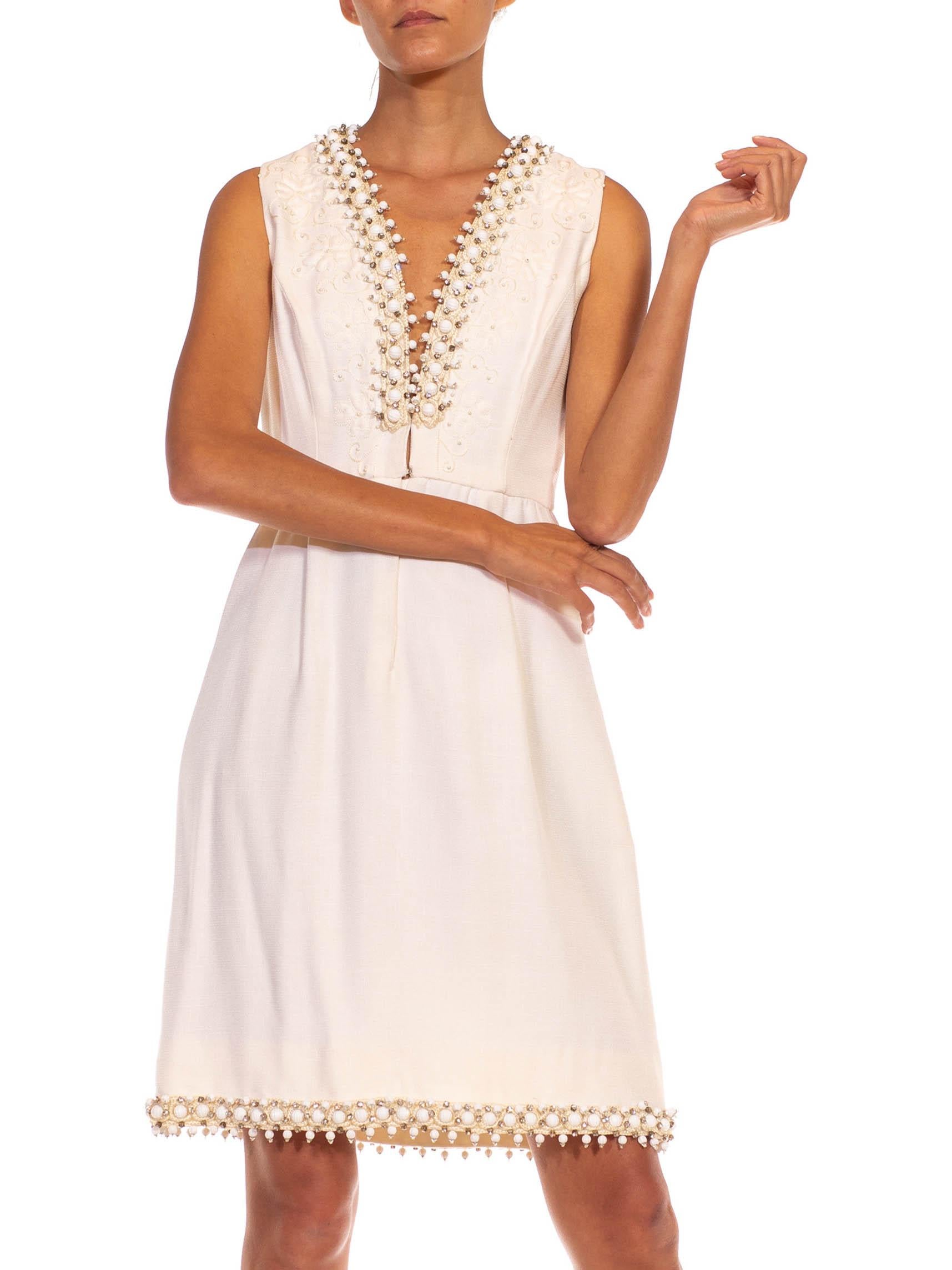 1960S OSCAR DE LA RENTA White Wool Blend Plunging V Neck Mod Dress With Crystals For Sale 2