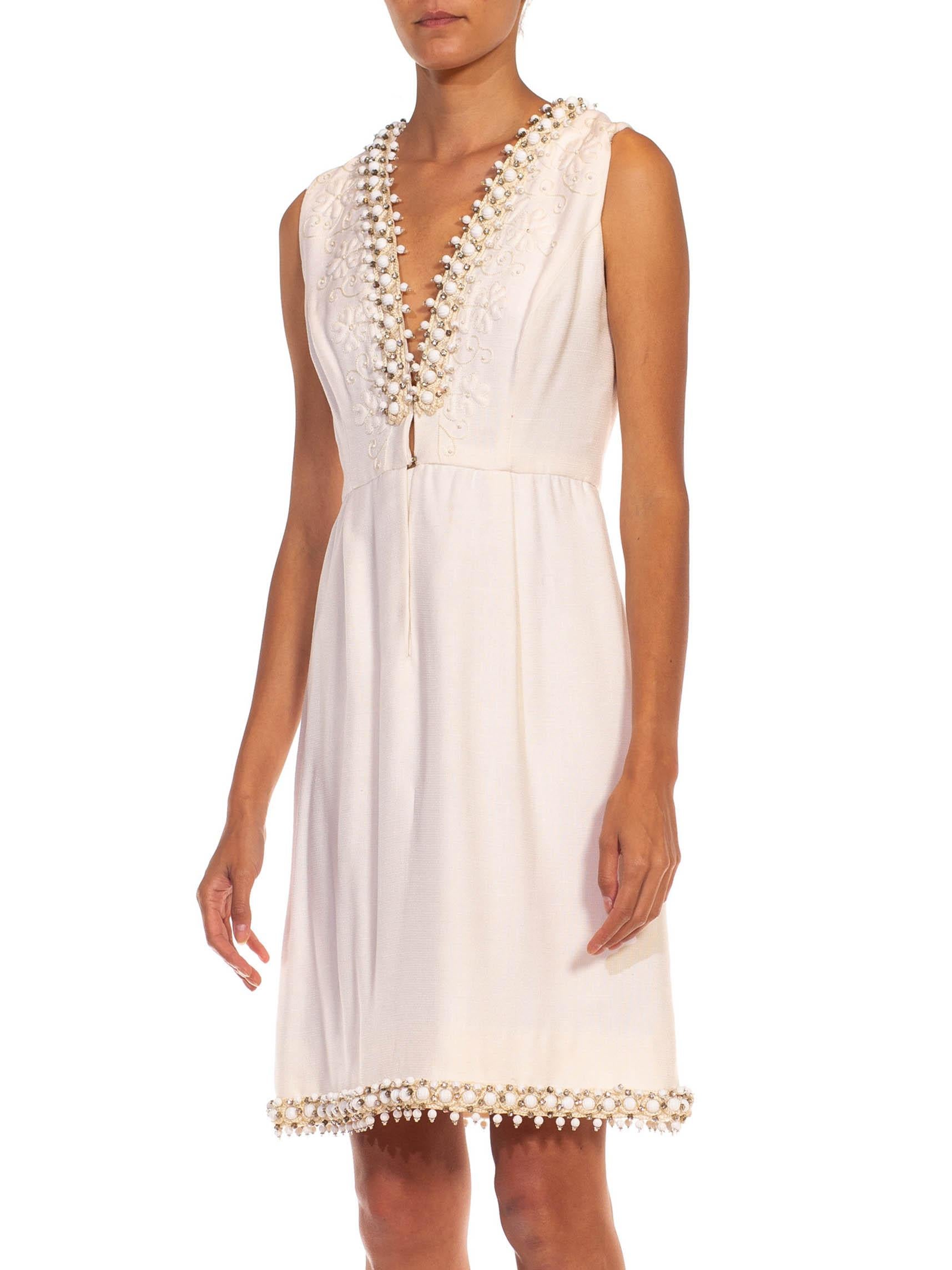 1960S OSCAR DE LA RENTA White Wool Blend Plunging V Neck Mod Dress With Crystals For Sale 3