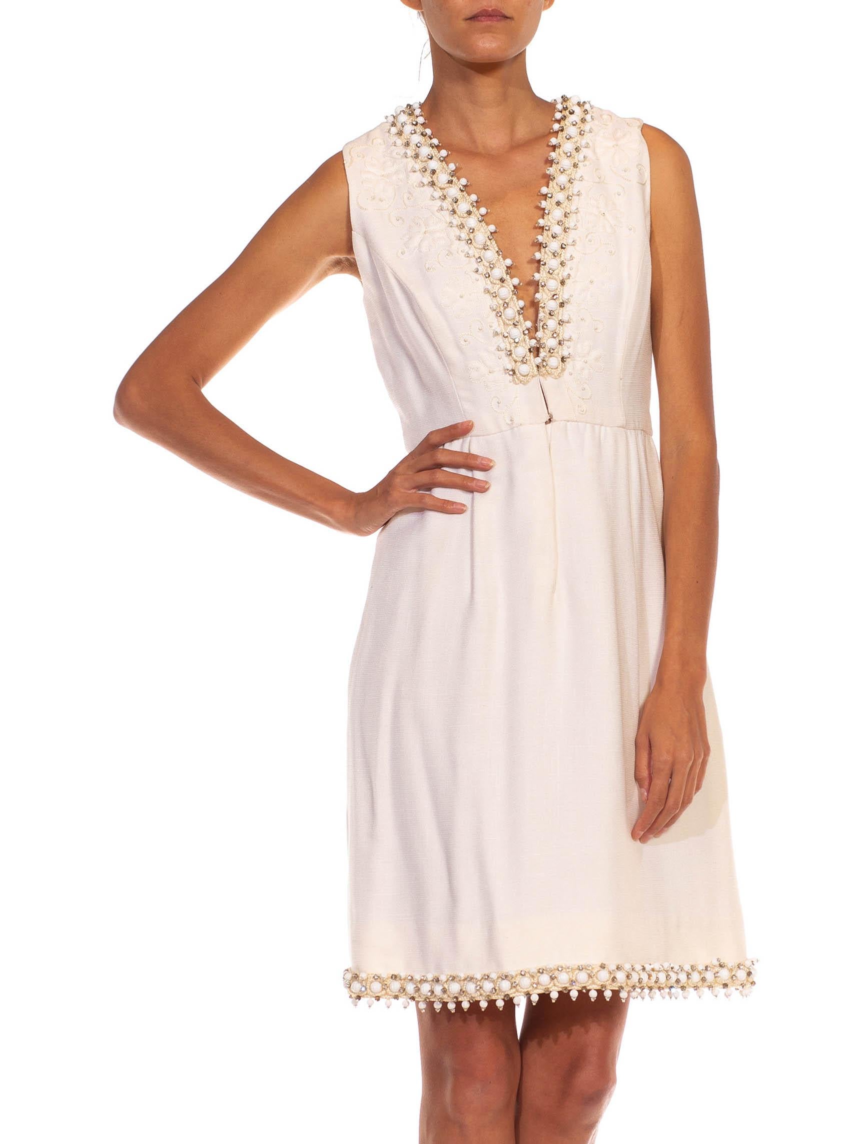 1960S OSCAR DE LA RENTA White Wool Blend Plunging V Neck Mod Dress With Crystals For Sale 4