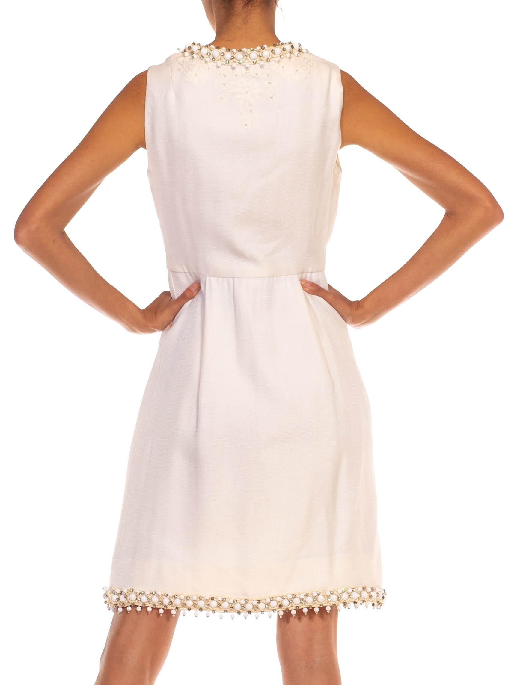 1960S OSCAR DE LA RENTA White Wool Blend Plunging V Neck Mod Dress With Crystals For Sale 5