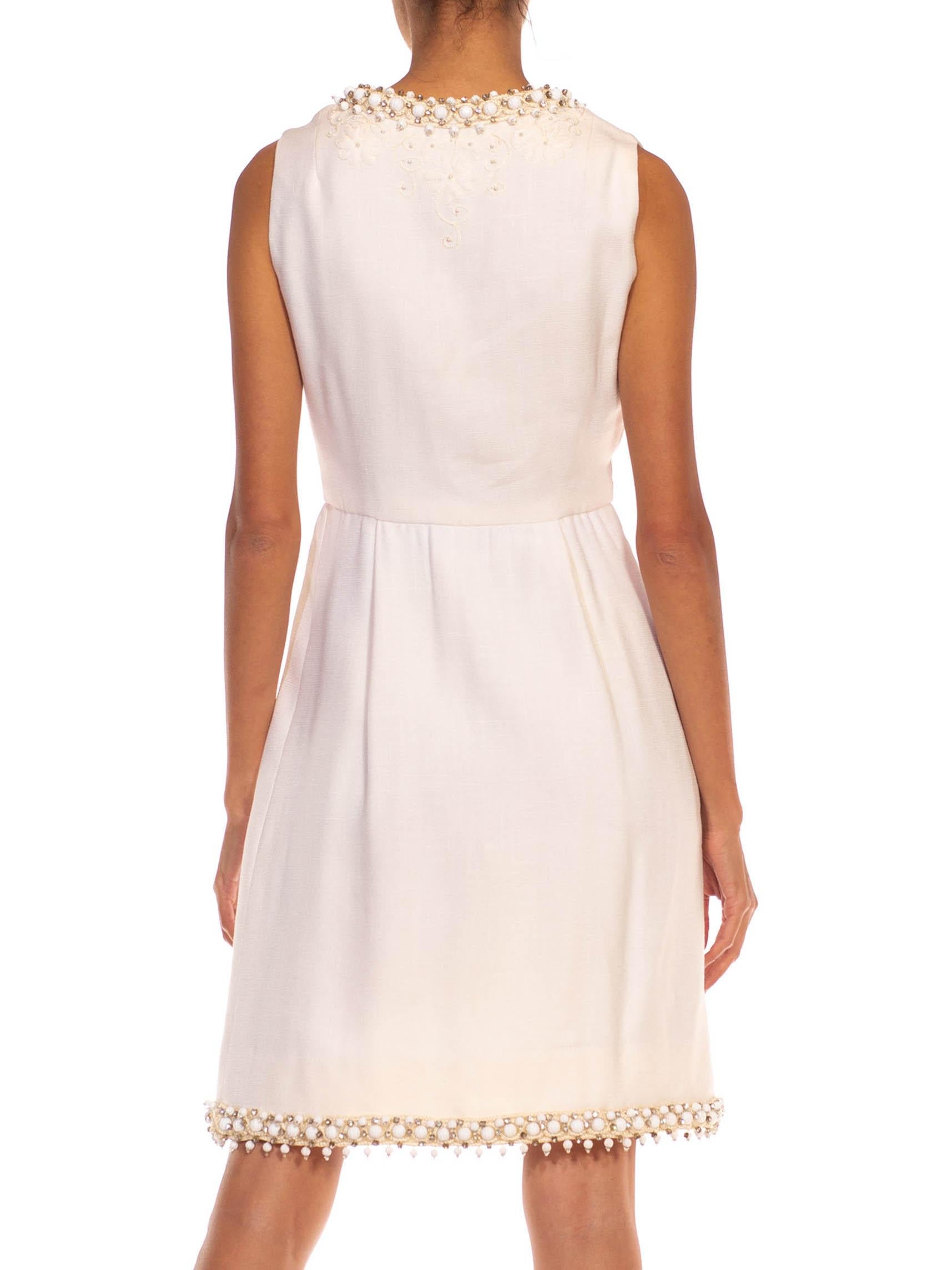 1960S OSCAR DE LA RENTA White Wool Blend Plunging V Neck Mod Dress With Crystals For Sale 6