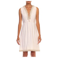 1960S OSCAR DE LA RENTA White Wool Blend Plunging V Neck Mod Dress With Crystals