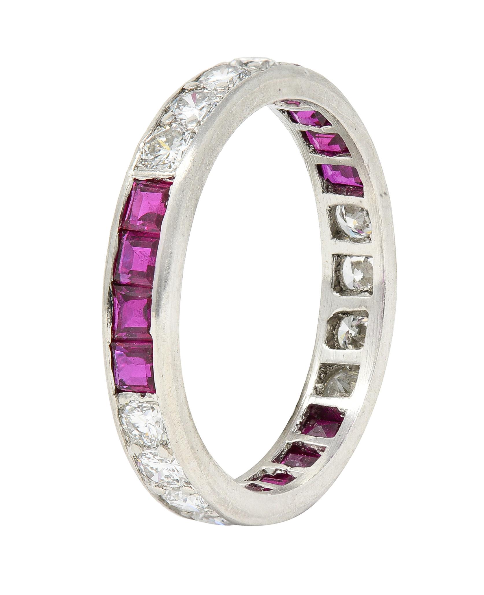 Eternity band ring features round brilliant diamonds alternating with square cut rubies
Diamonds are bead set while weighing in total approximately 0.72 carat - G to I color with SI clarity
Rubies are channel set while weighing in total