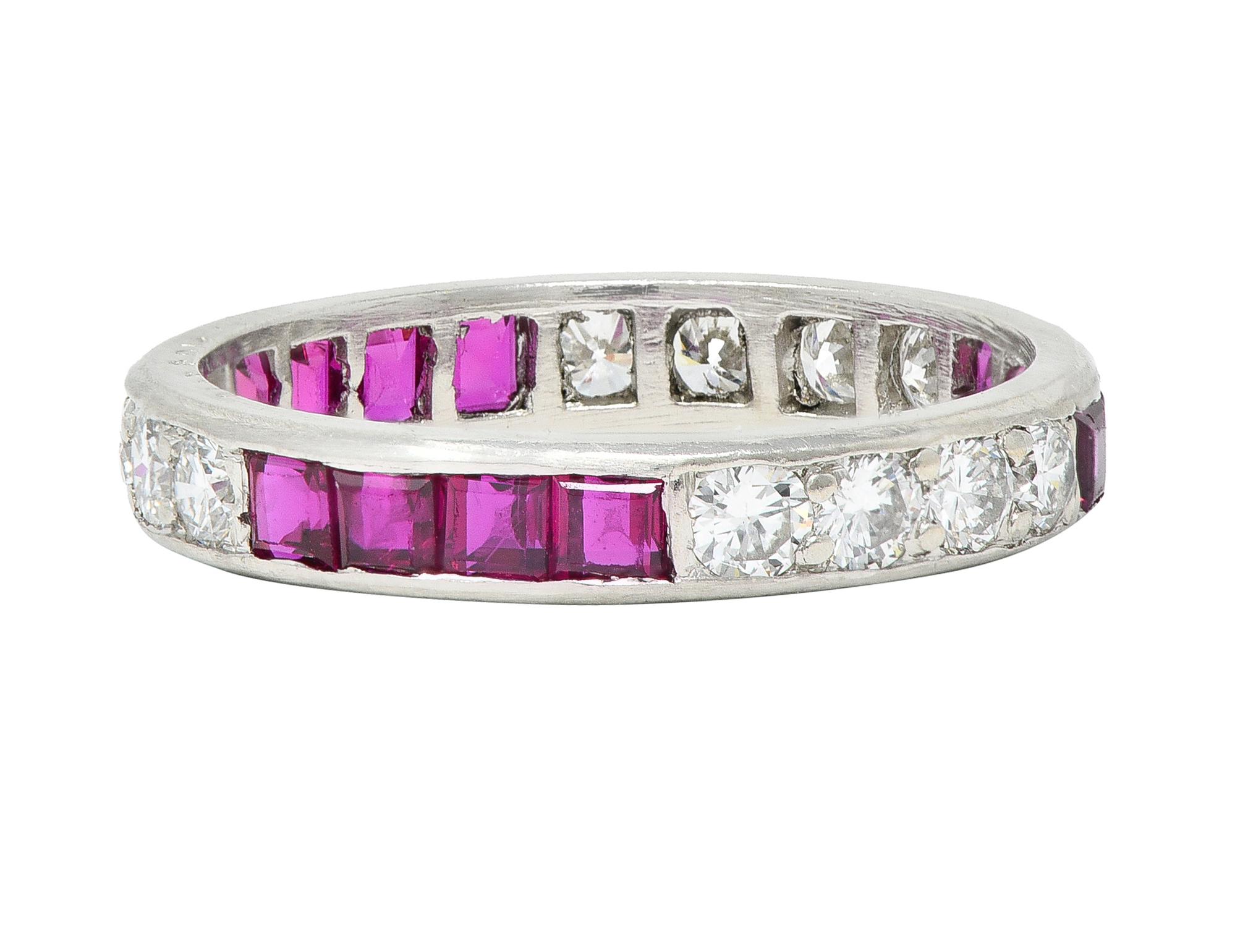 Round Cut 1960's Oscar Heyman 1.72 CTW Diamond Ruby Platinum Eternity Band Ring For Sale