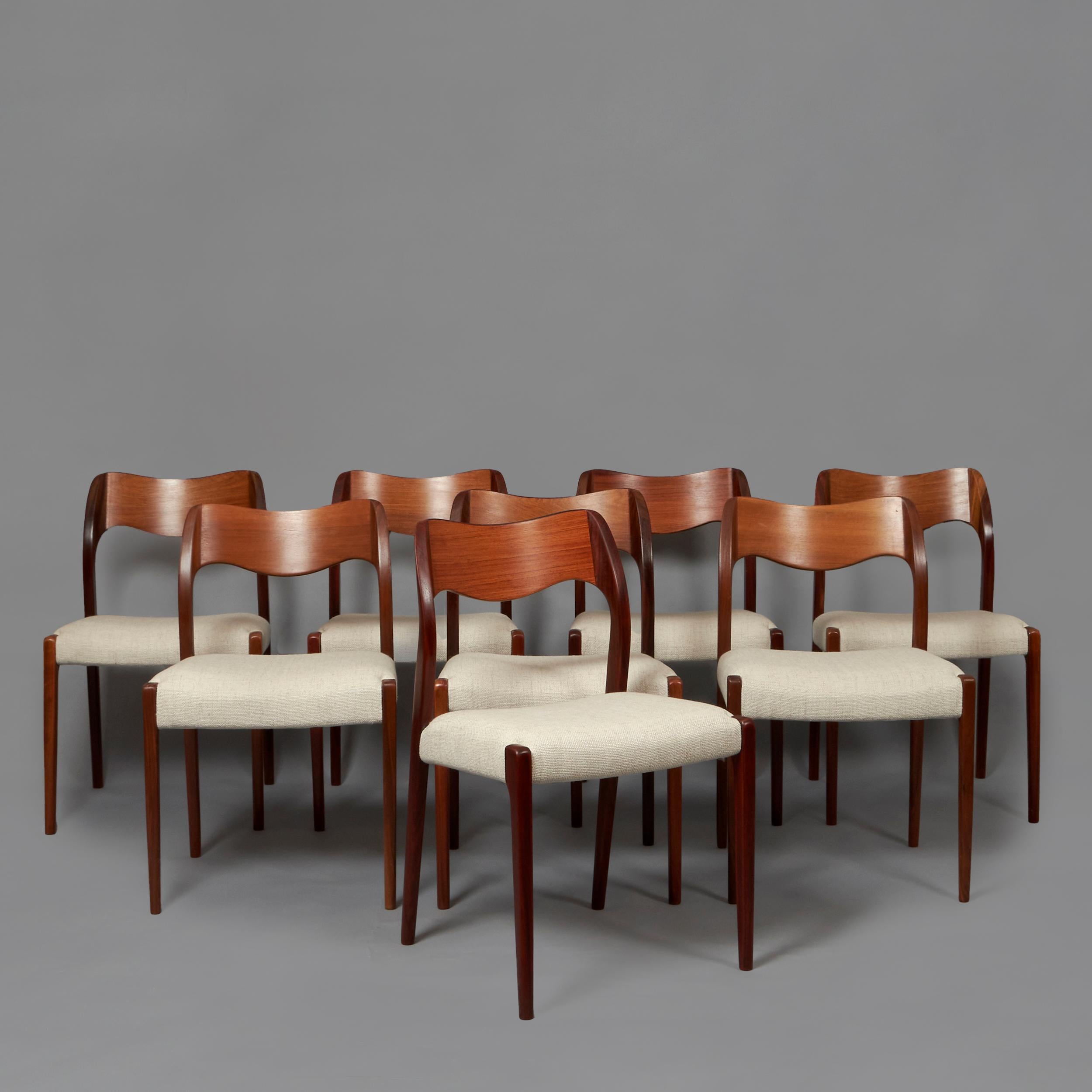 Eight Dining room chairs model ‘’71’’ designed by Niels Otto moller for JL Möllers Möbelfabrik. Upholstery and Rosewood. Denmark, 1960’s 
Aproximate dimensions: 19,29 in. Width, 31,49 Height, Seat height 19,29 in.
Two of them are slightly smaller,