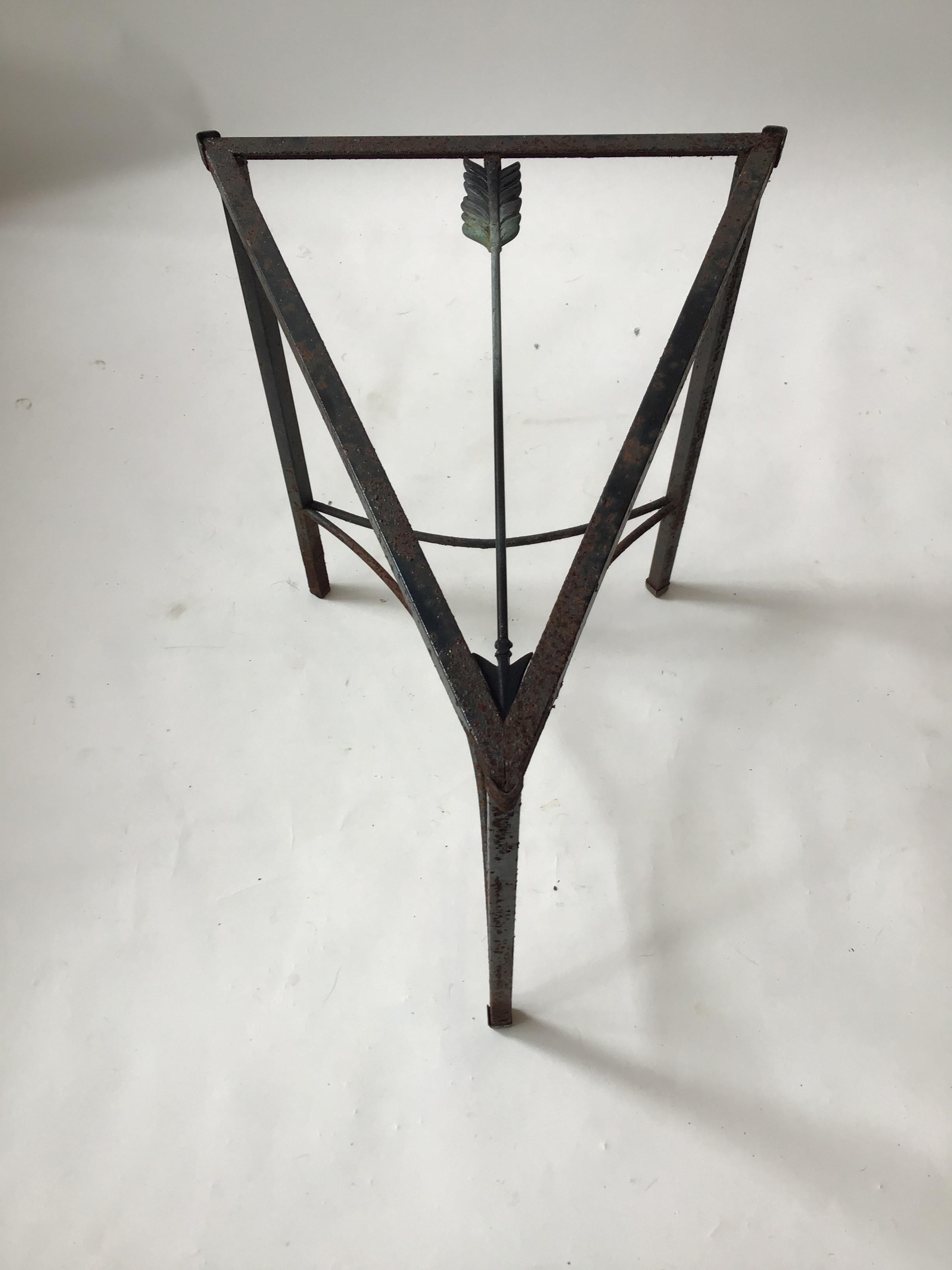 1960s iron arrow side table. Was used outdoors for years at a Westchester, NY estate. There is no glass.