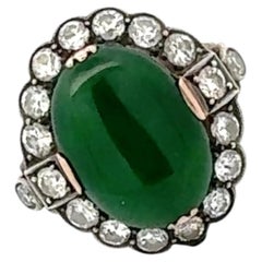 1960's Oval Cabochon Jade Diamond Yellow Gold & Silver Vintage Cocktail Ring