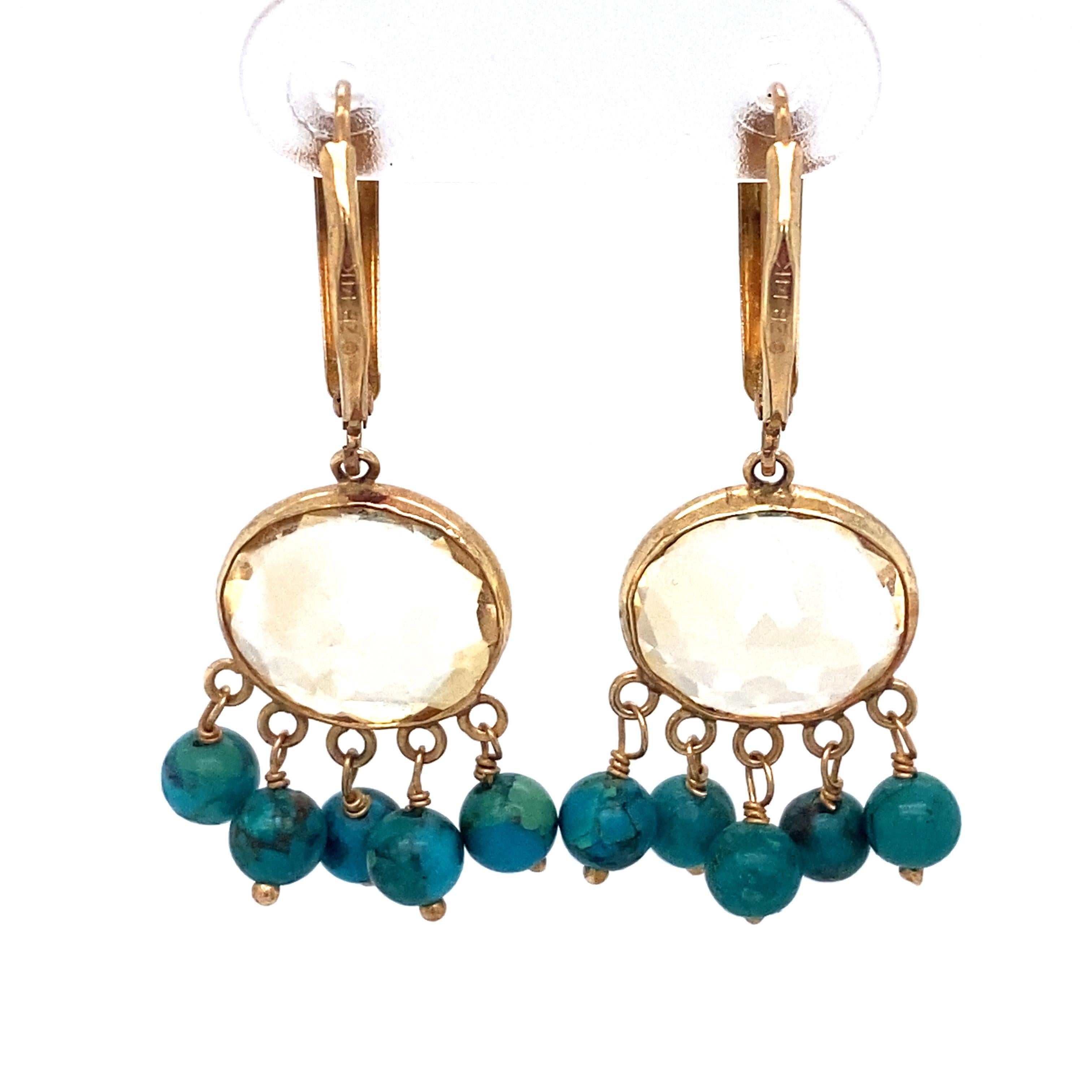 Oval Cut 1960s Oval Citrine and Turquoise Bead Dangle Earrings in 14 Karat Gold For Sale