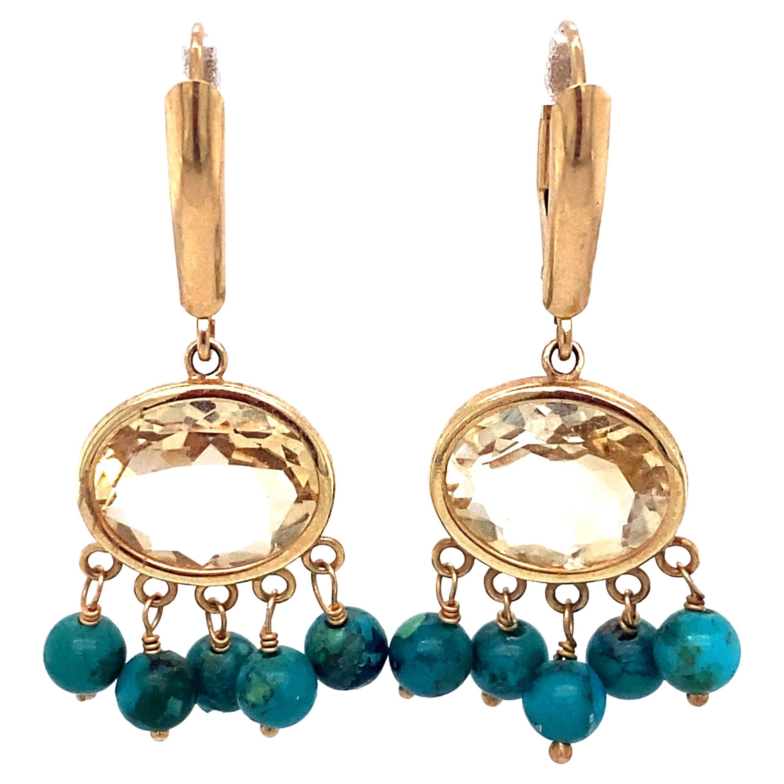 1960s Oval Citrine and Turquoise Bead Dangle Earrings in 14 Karat Gold