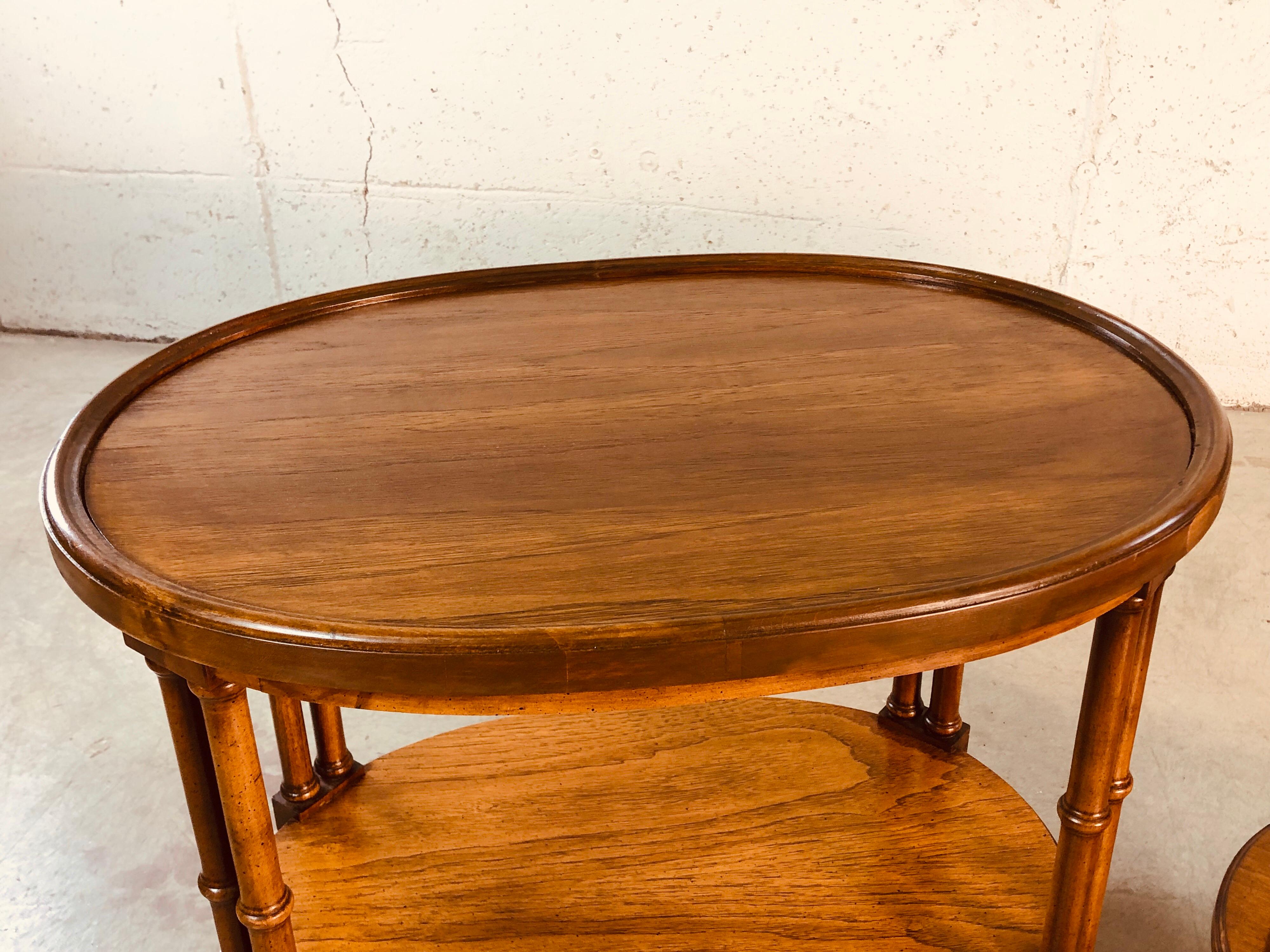 Mid-Century Modern 1960s Oval Mahogany Bamboo Style Brandt Furniture Side Tables, Pair For Sale