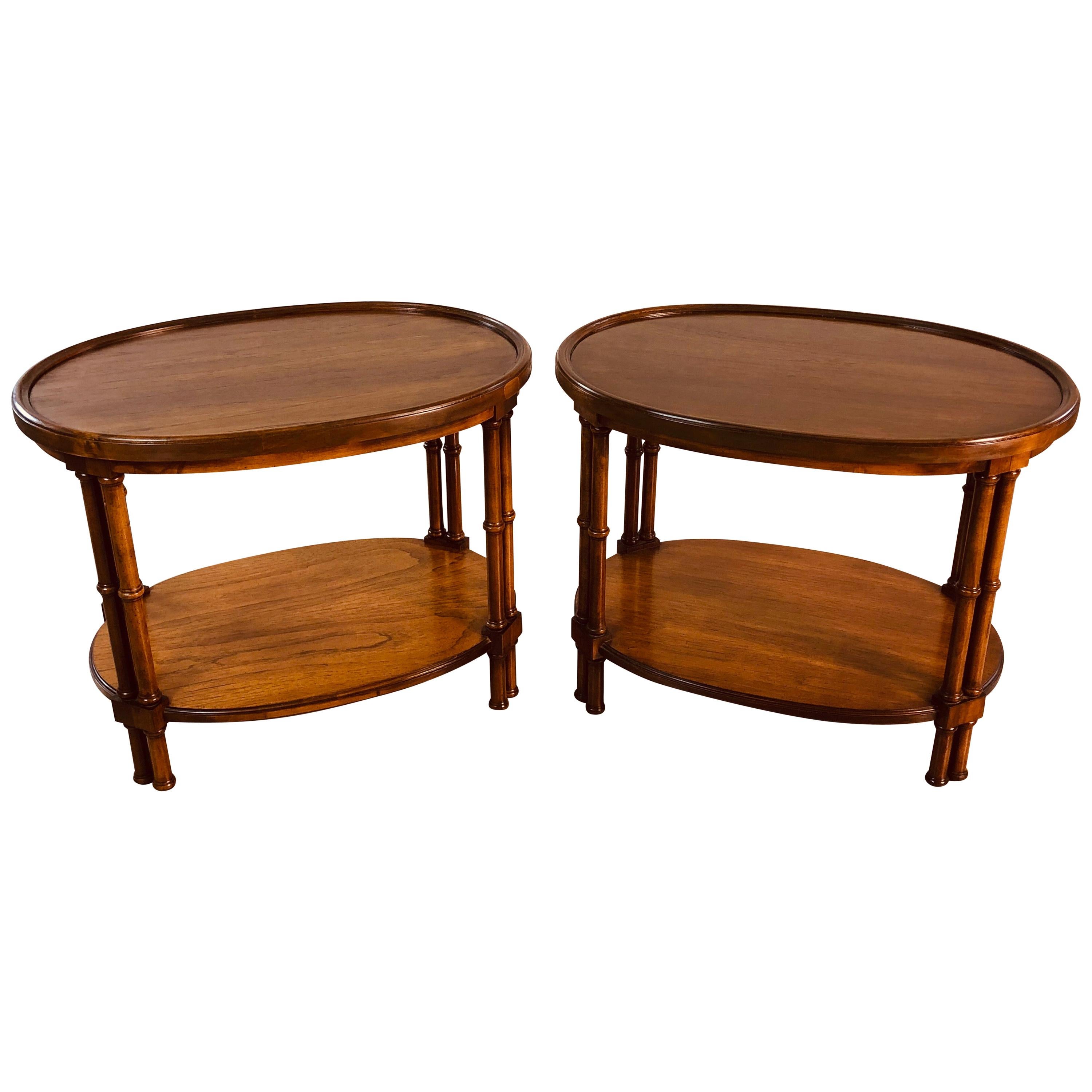 1960s Oval Mahogany Bamboo Style Brandt Furniture Side Tables, Pair For Sale