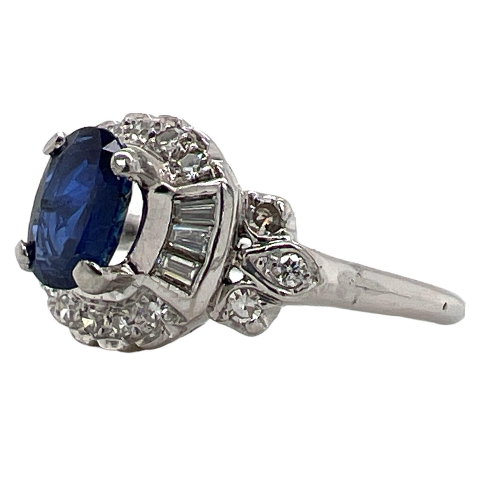 Oval Cut 1960's Oval Natural Blue Sapphire Diamond Platinum Estate Cocktail Ring For Sale