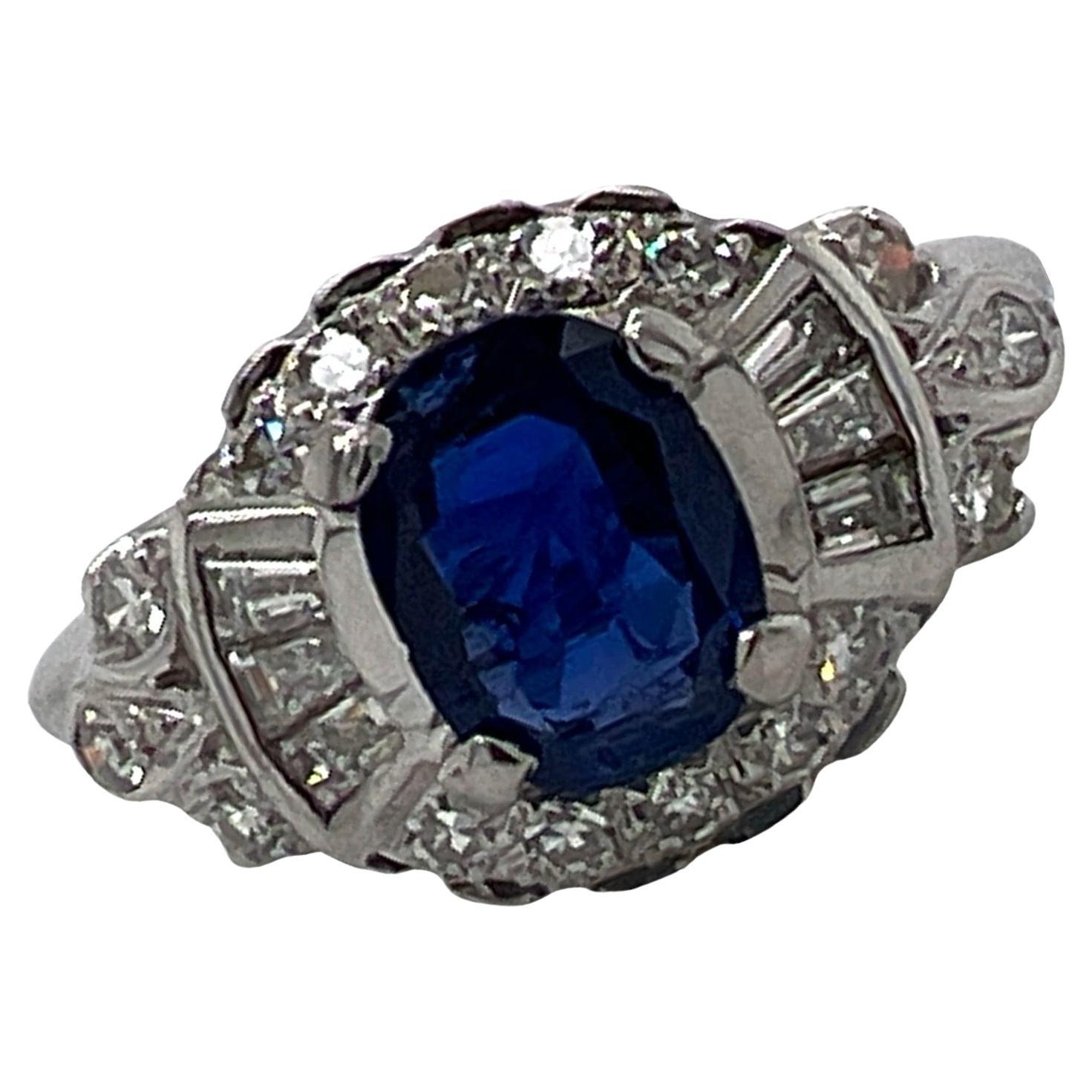 1960's Oval Natural Blue Sapphire Diamond Platinum Estate Cocktail Ring For Sale