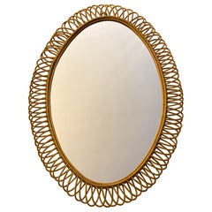 1960s Oval Rattan and Bamboo Wall Mirror in Franco Albini Style, 128 cm tall