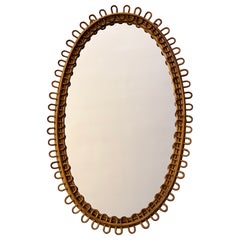 1960s Oval Rattan and Bamboo Wall Mirror in Franco Albini Style, 80 cm tall