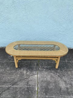 1960s Oval Rattan MCM Braided Wicker Lattice Glass Coffee Table
