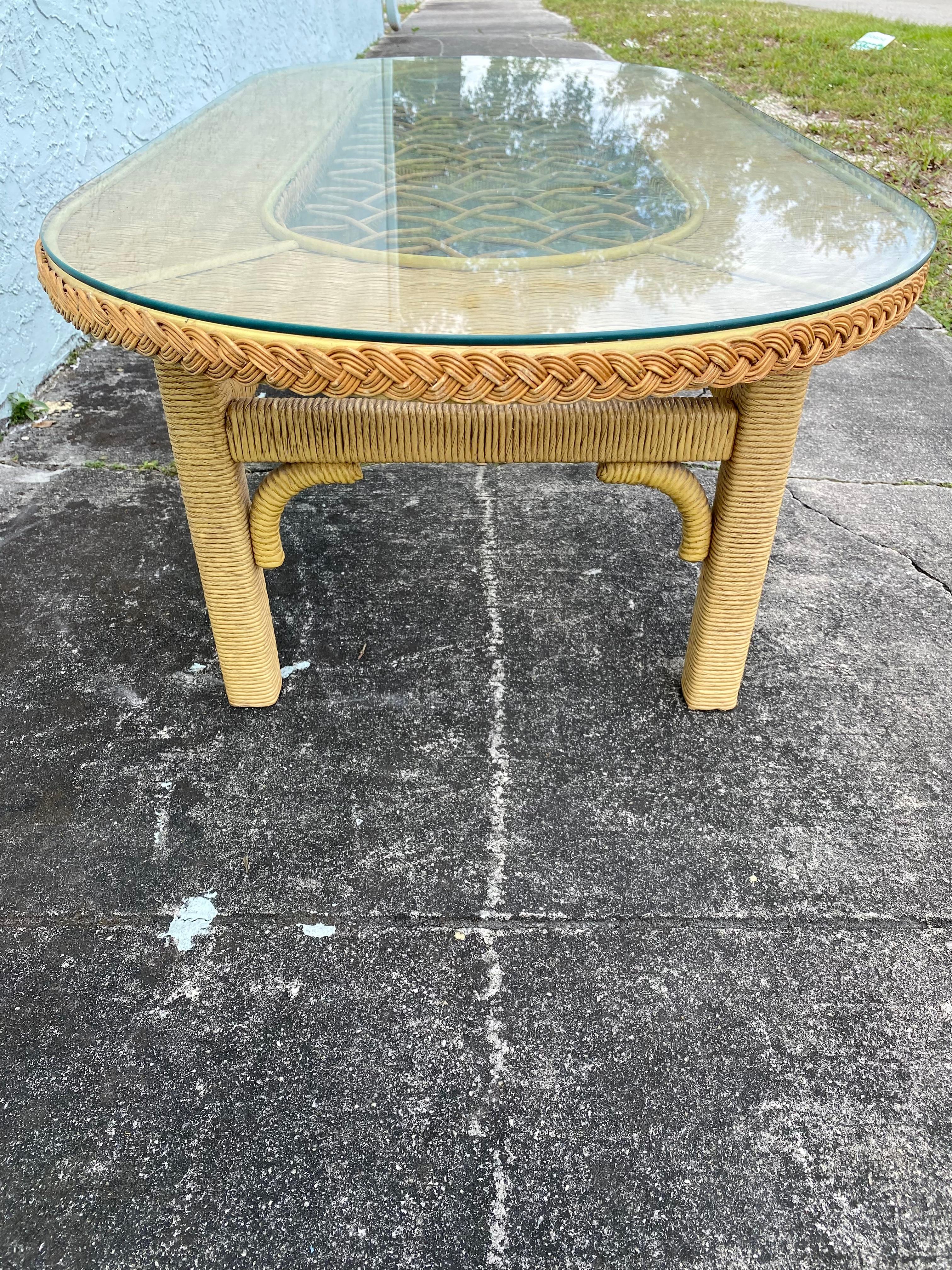 Mid-20th Century 1960s Oval Rattan Braided Wicker Lattice Glass Coffee Table For Sale