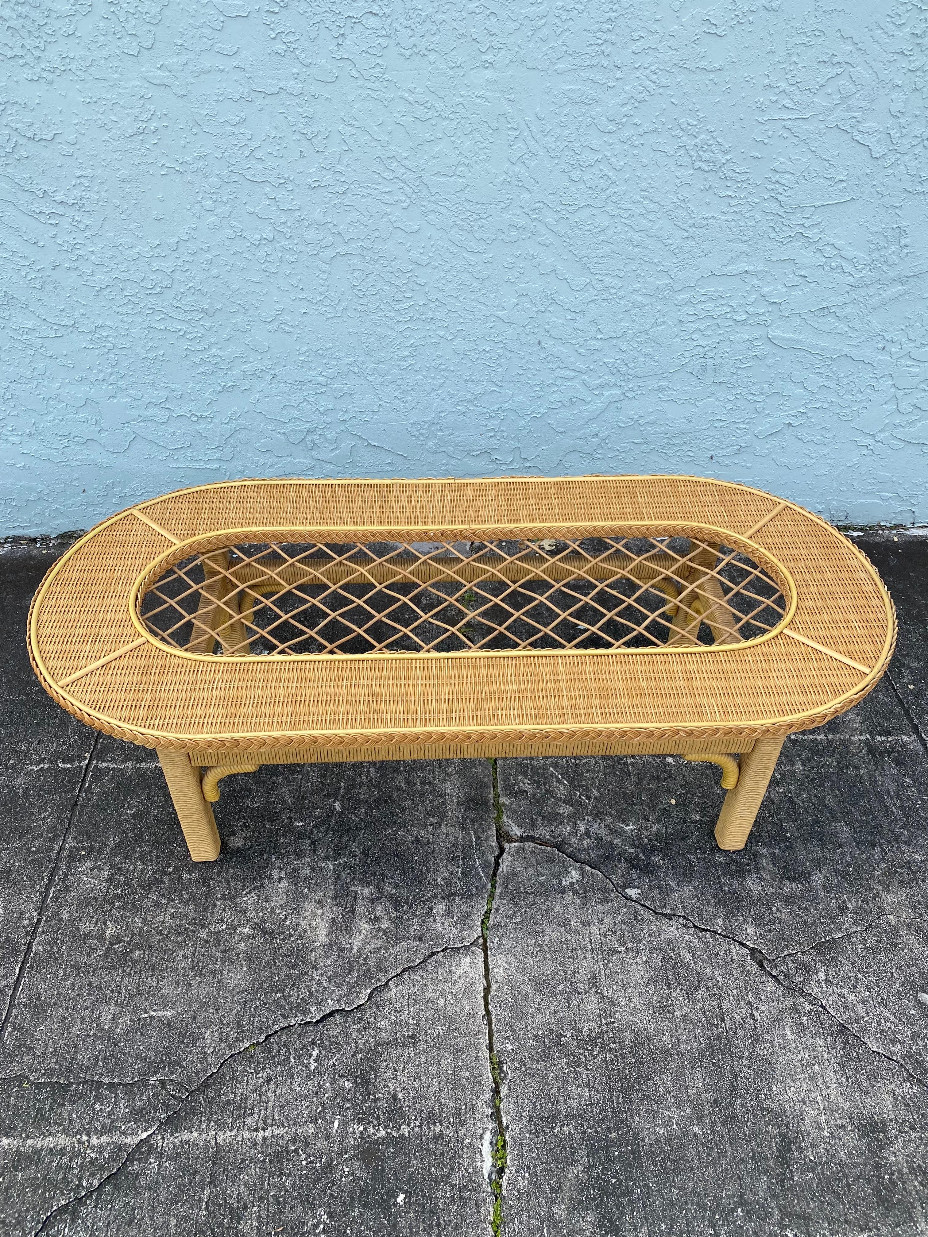 Lacquer 1960s Oval Rattan Braided Wicker Lattice Glass Coffee Table For Sale