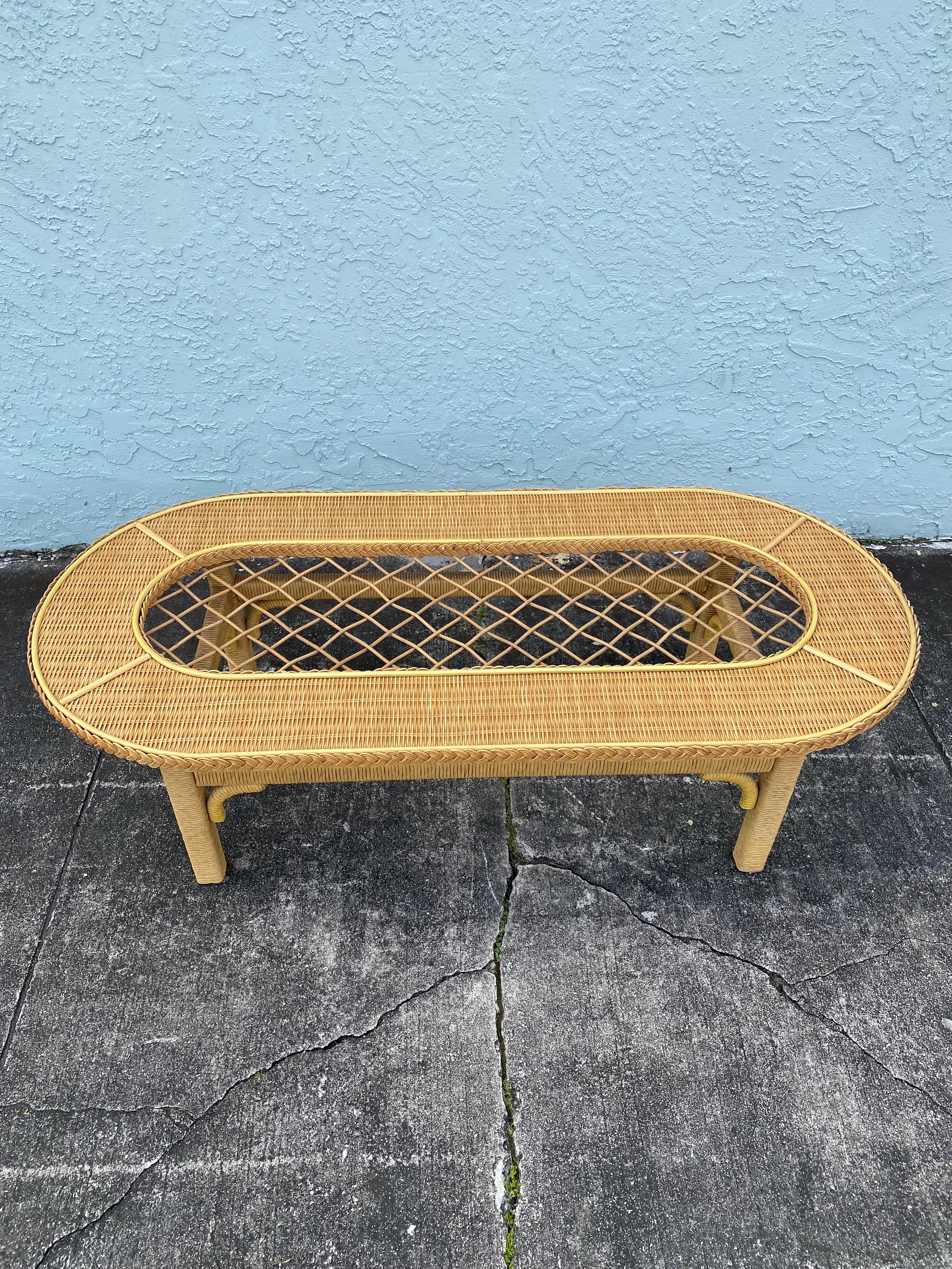 1960s Oval Rattan MCM Braided Wicker Lattice Glass Coffee Table 1