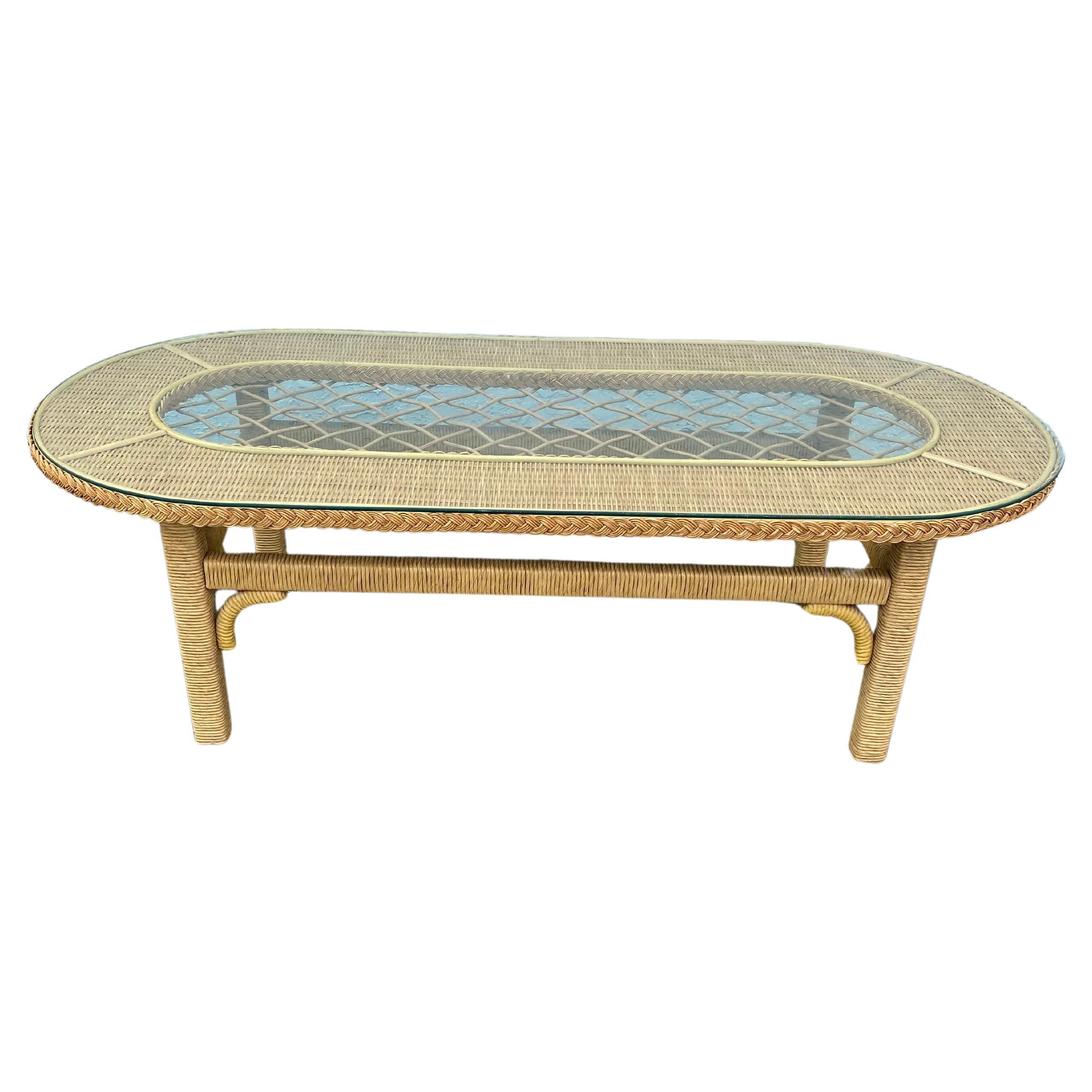 1960s Oval Rattan Braided Wicker Lattice Glass Coffee Table For Sale