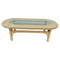 1960s Oval Rattan MCM Braided Wicker Lattice Glass Coffee Table