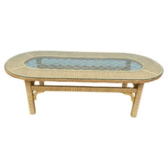 Vintage 1960s Oval Rattan Braided Wicker Lattice Glass Coffee Table