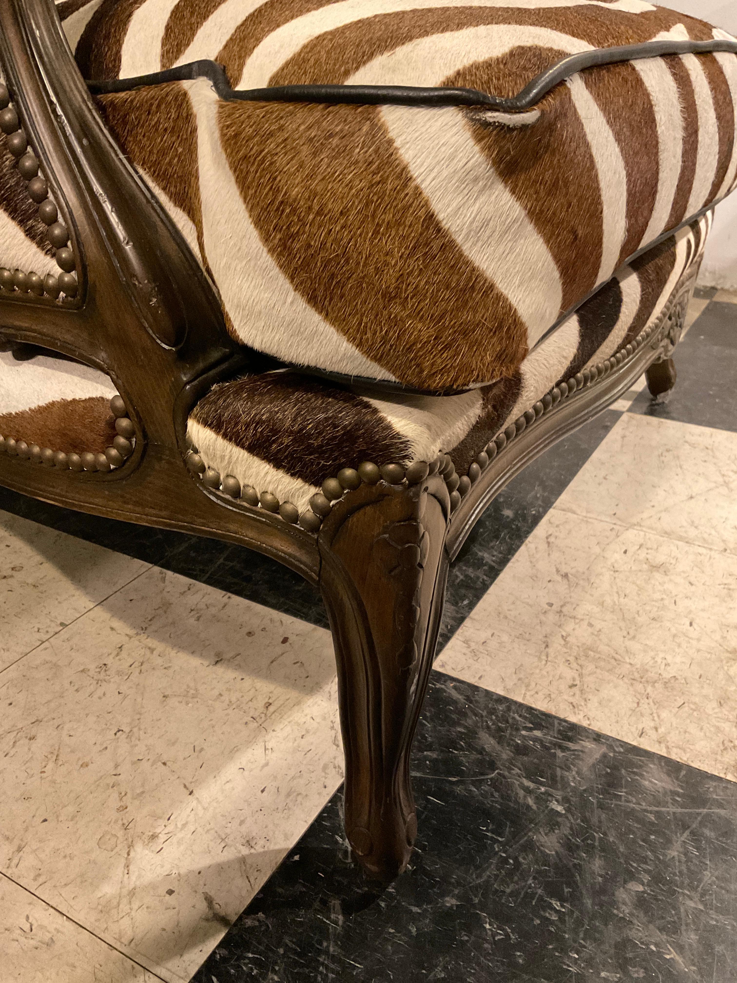 1960s Oversized Bergere And Ottoman Upholstered In Zebra Pattern Cowhide For Sale 8