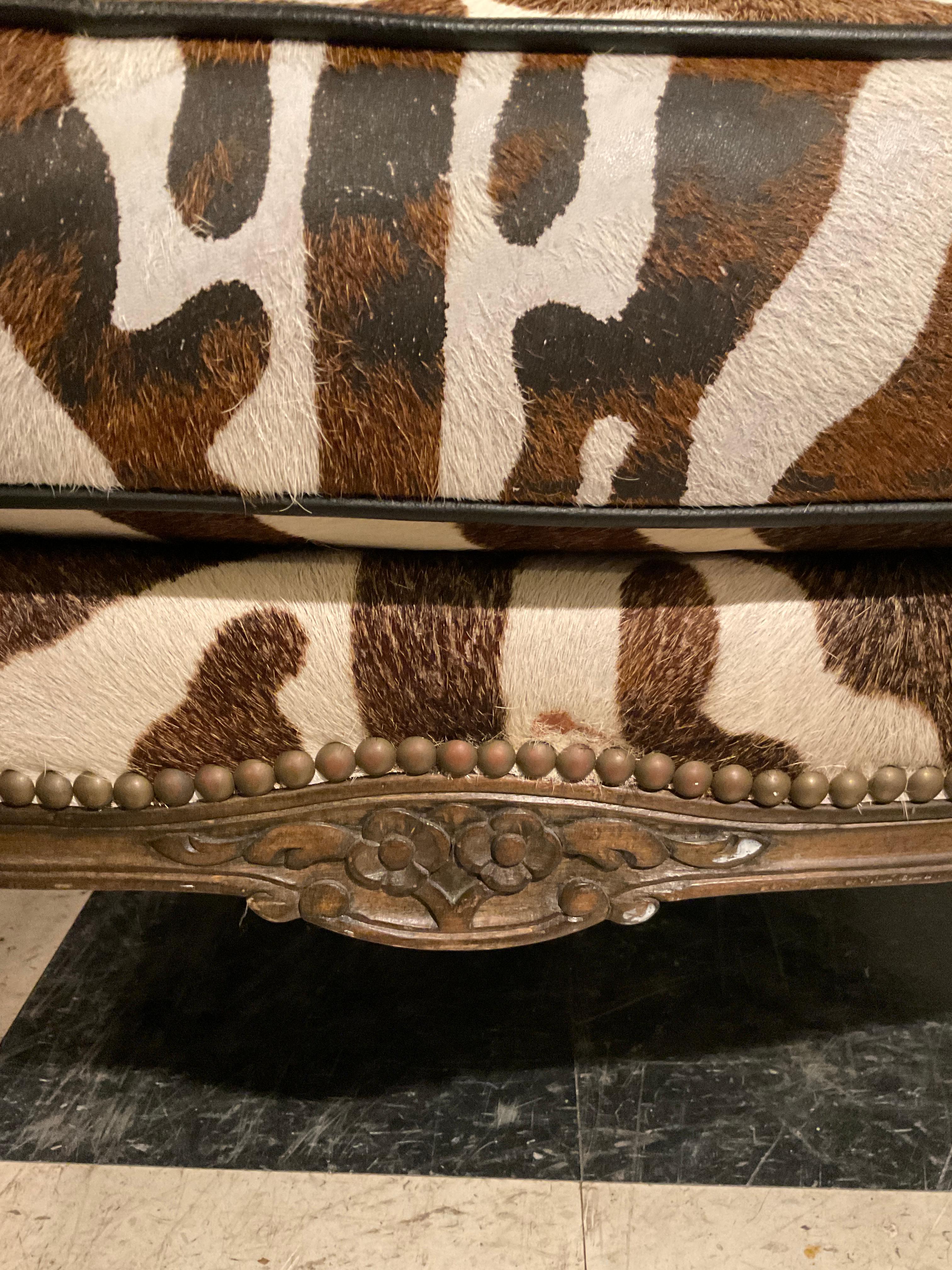 1960s Oversized Bergere And Ottoman Upholstered In Zebra Pattern Cowhide For Sale 9