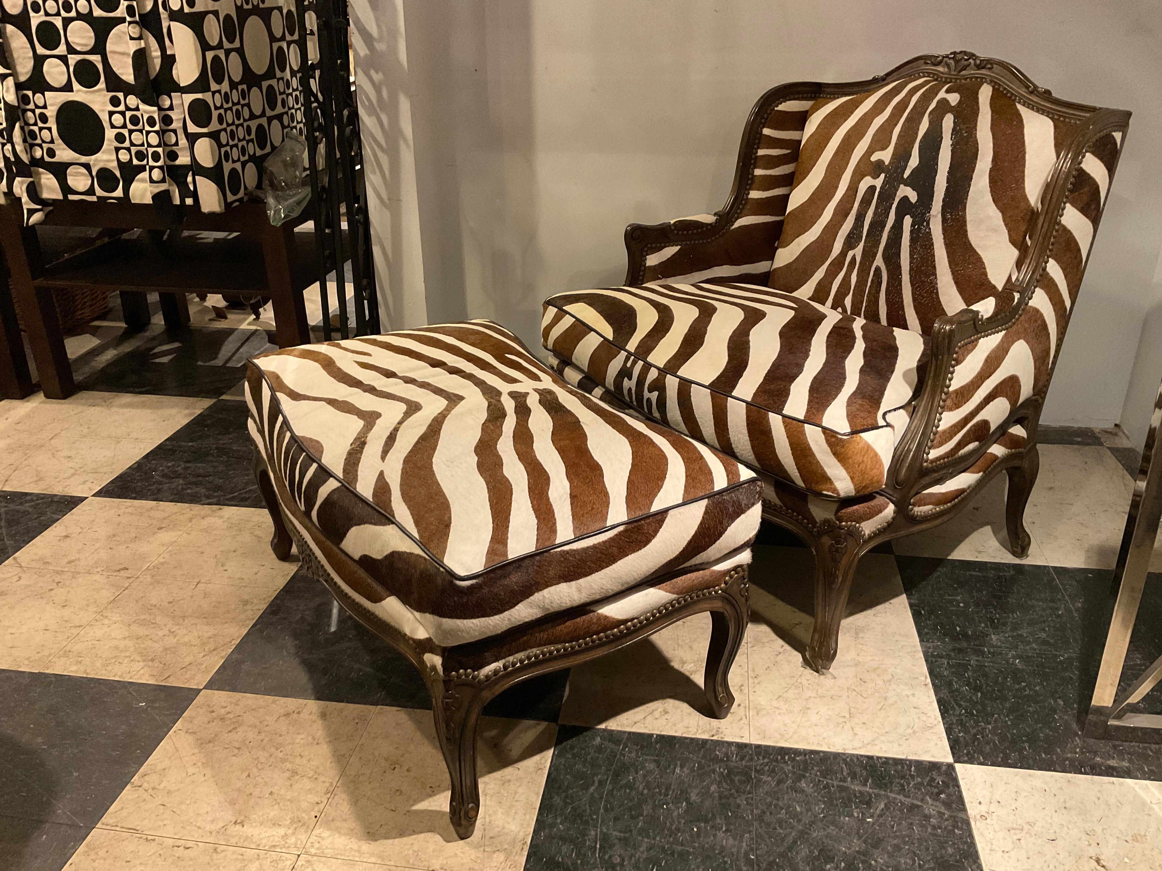 Mid-20th Century 1960s Oversized Bergere And Ottoman Upholstered In Zebra Pattern Cowhide For Sale