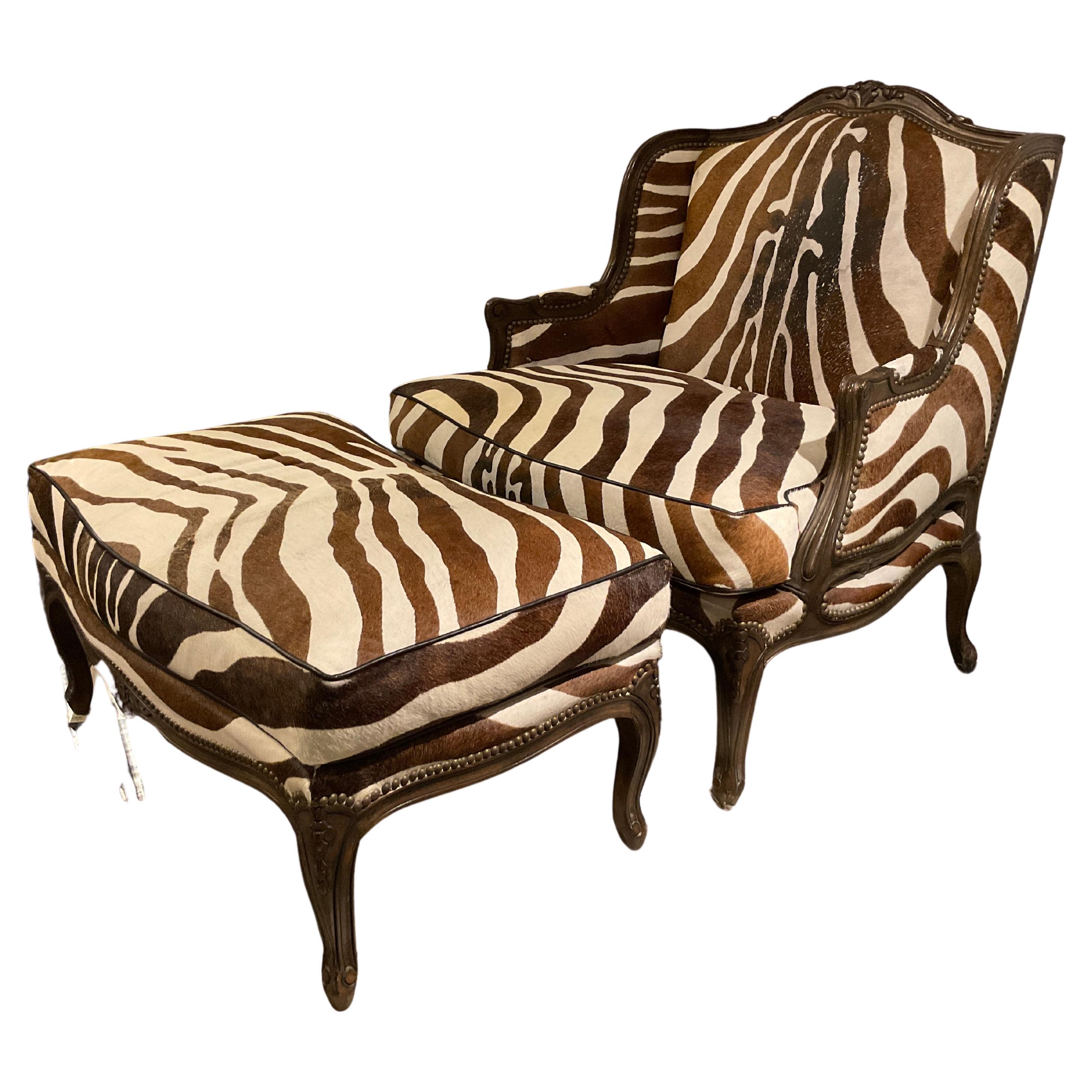 1960s Oversized Bergere And Ottoman Upholstered In Zebra Pattern Cowhide For Sale