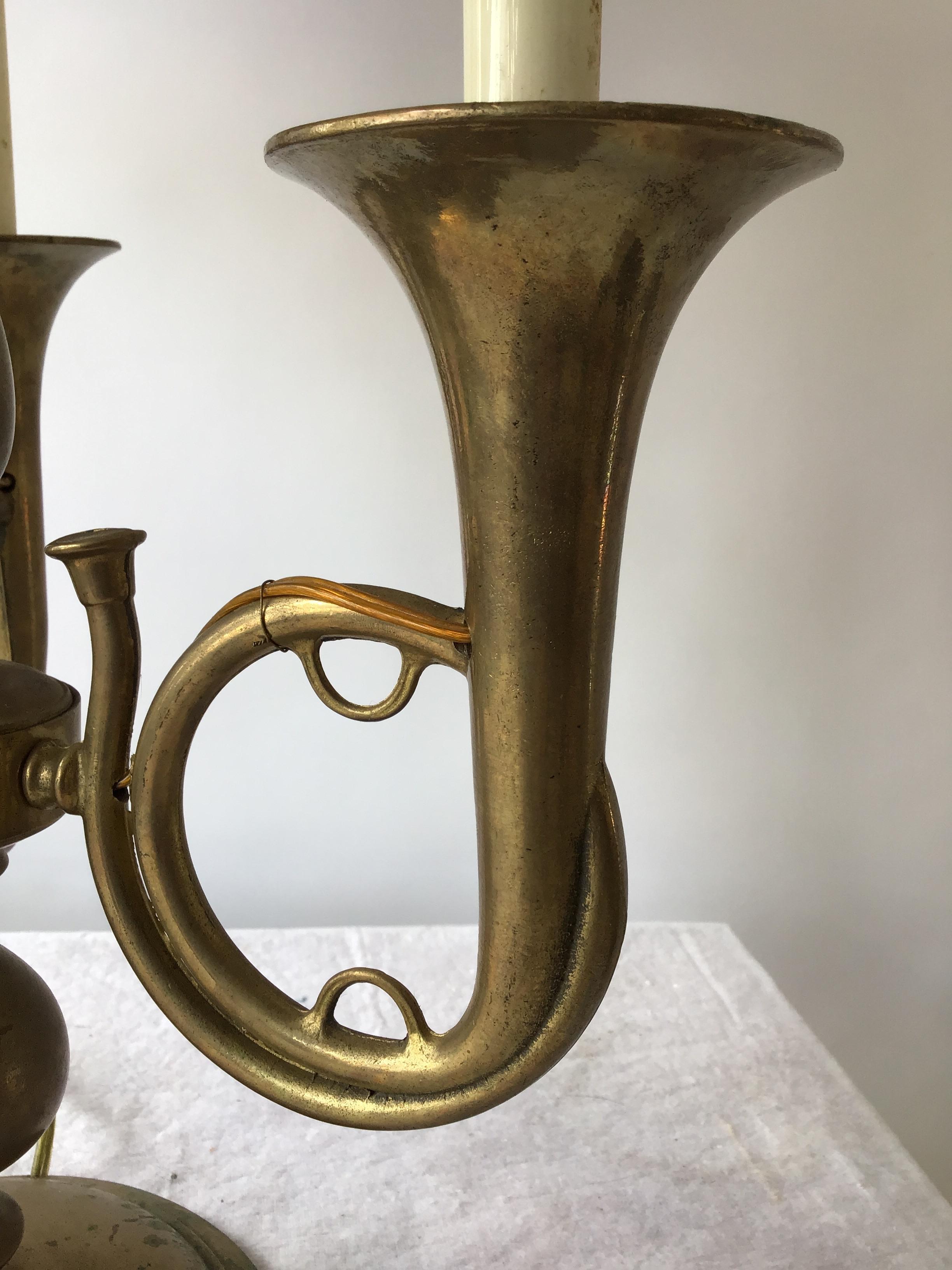 1960s Oversized Brass Trumpet Lamp with Tole Shade In Good Condition In Tarrytown, NY