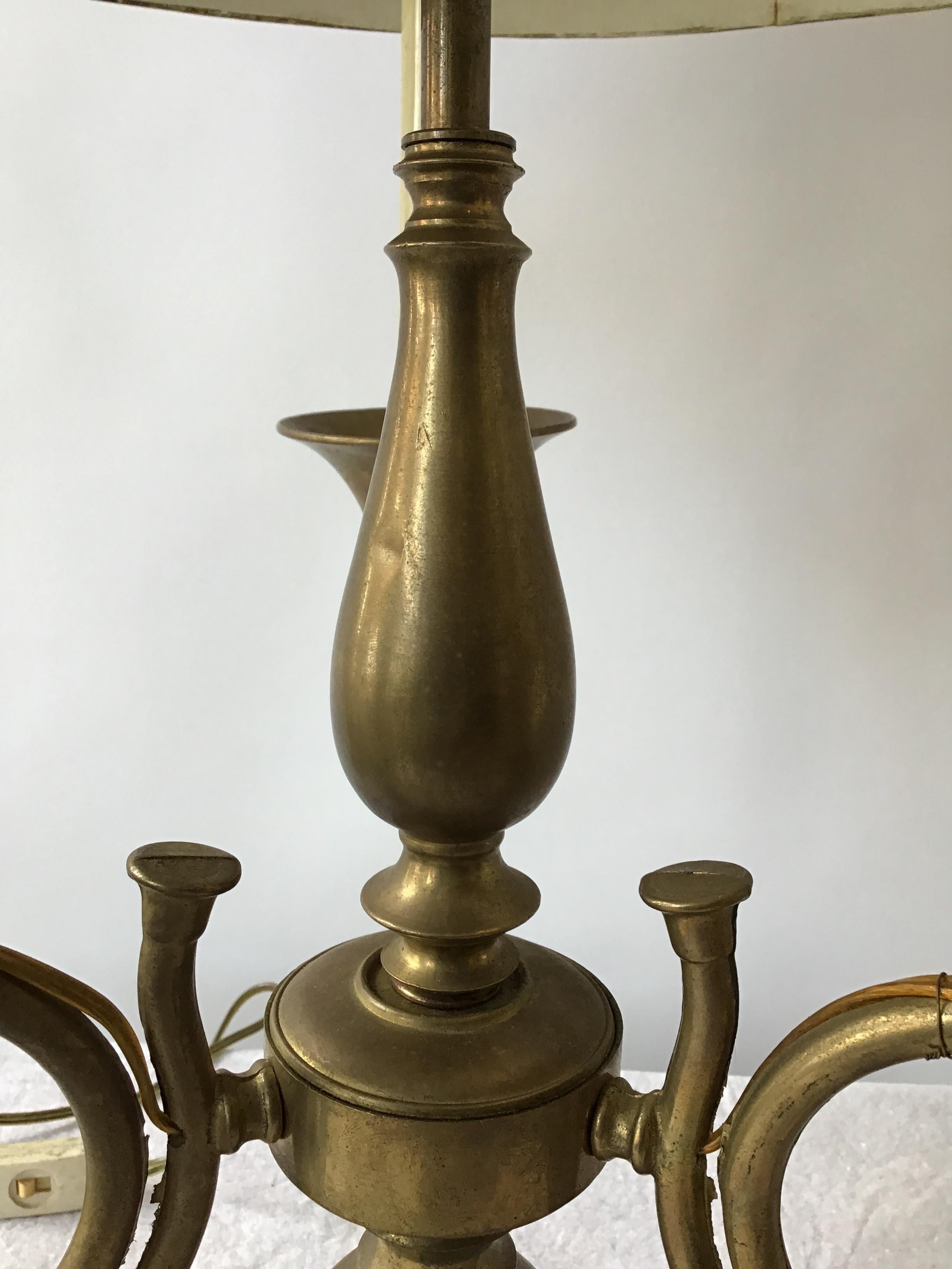 Mid-20th Century 1960s Oversized Brass Trumpet Lamp with Tole Shade