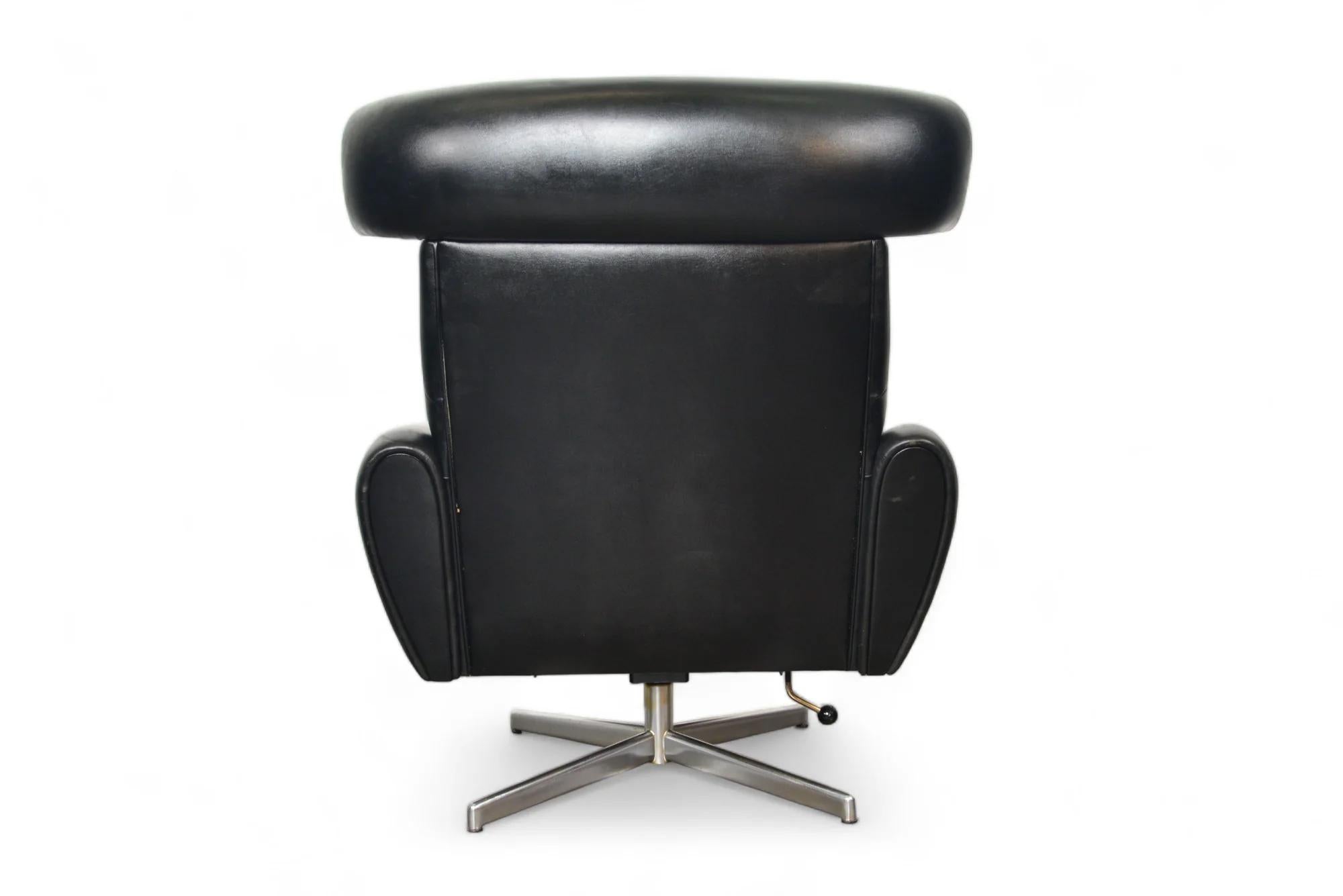 Teak 1960s Ox Style Wingback Swivel Lounge In Black Vinyl For Sale