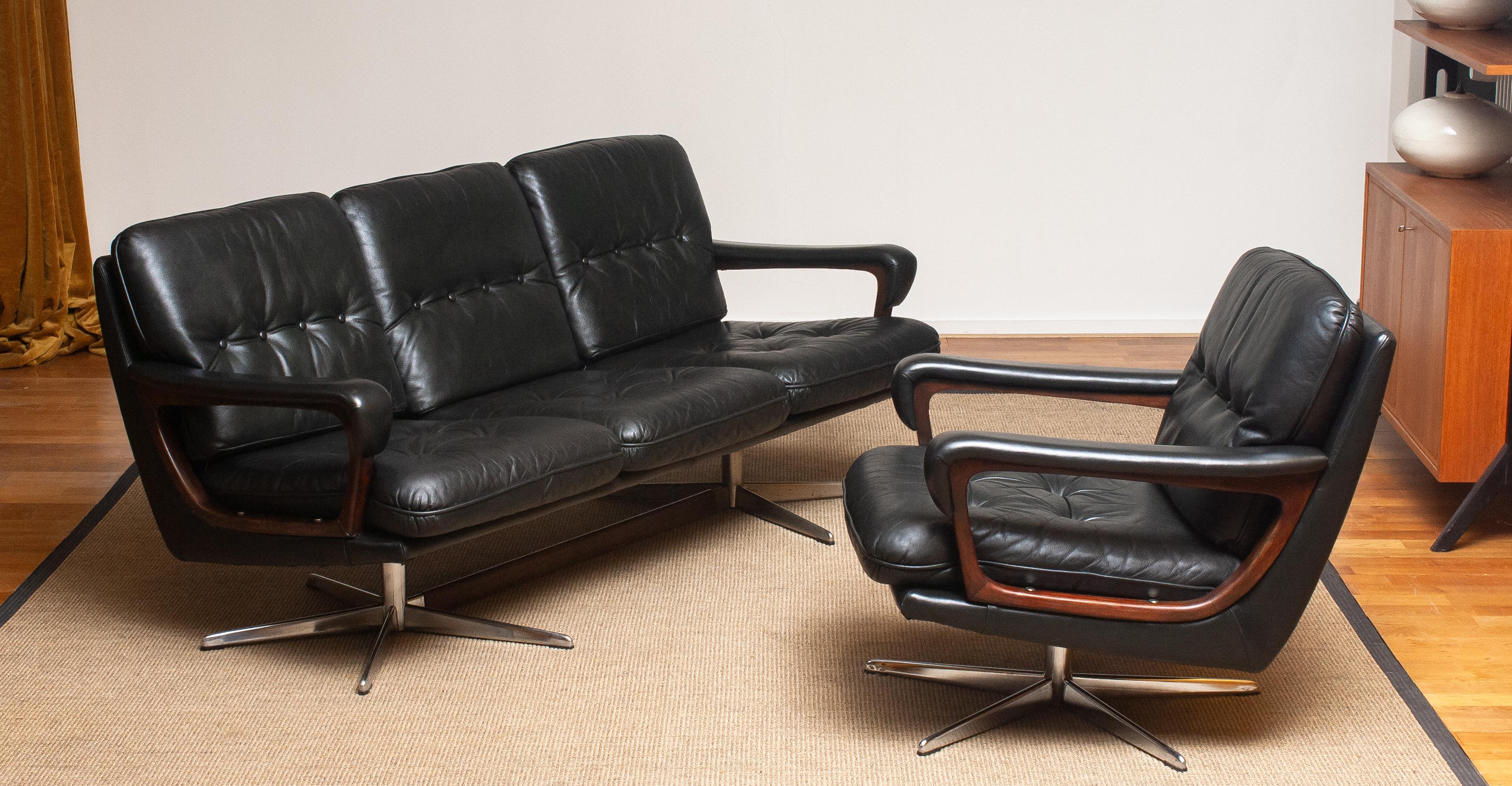 Steel 1960s Oxford Green Leather Sofa and Matching Swivel Chair by André Vandenbeuck