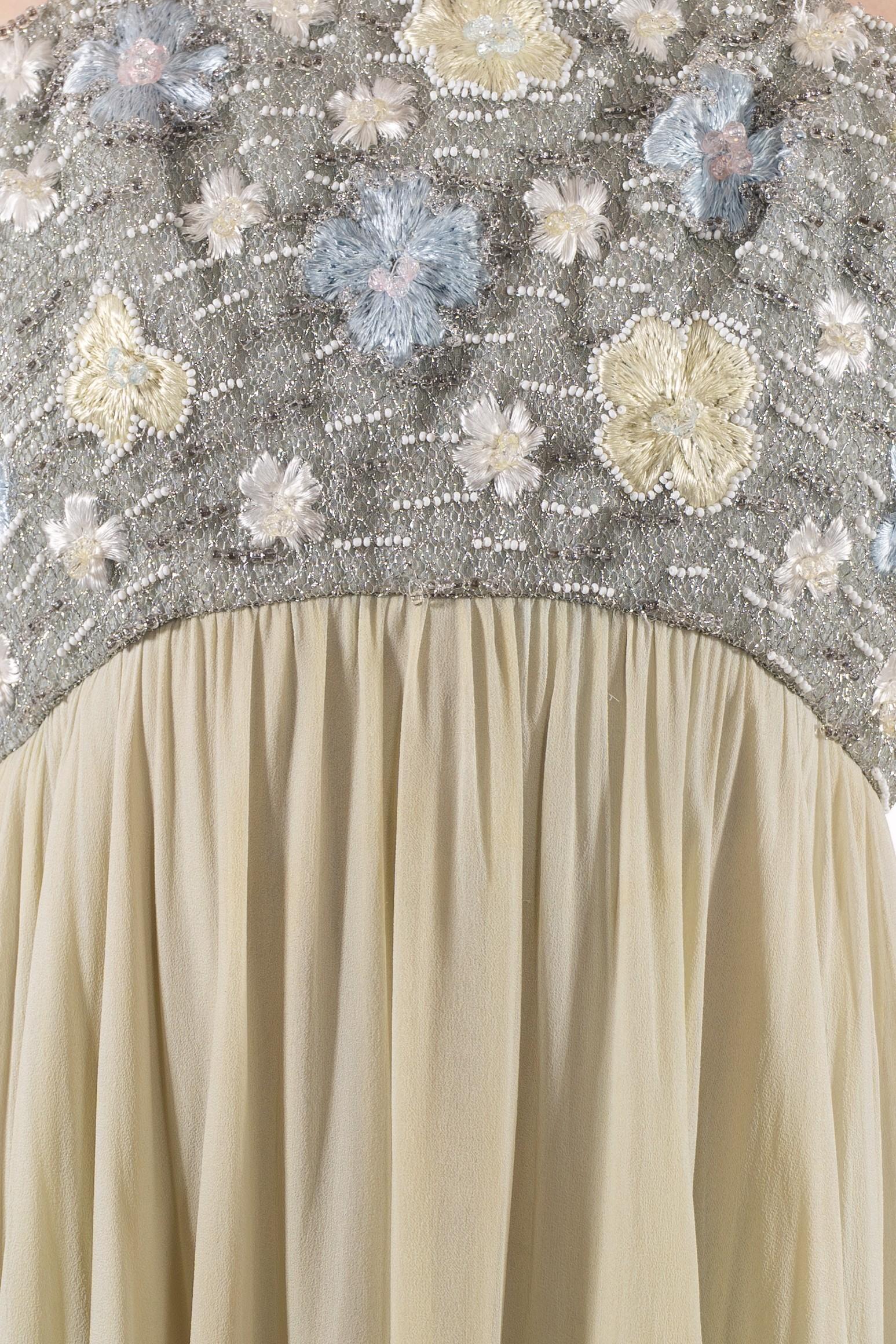1960S Oyster Grey & Mint Green Silk Chiffon Silver Beaded Bodice Gown For Sale 6
