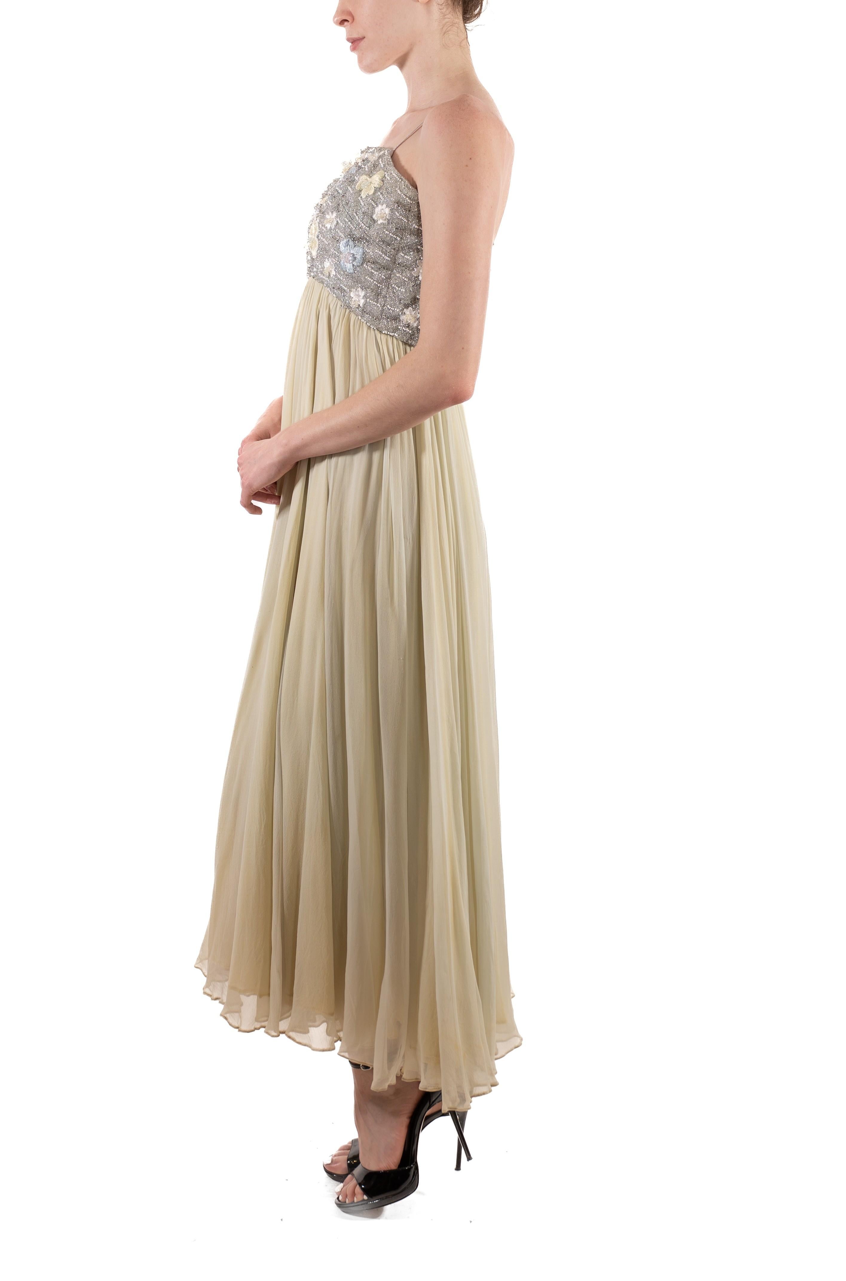 Brown 1960S Oyster Grey & Mint Green Silk Chiffon Silver Beaded Bodice Gown For Sale