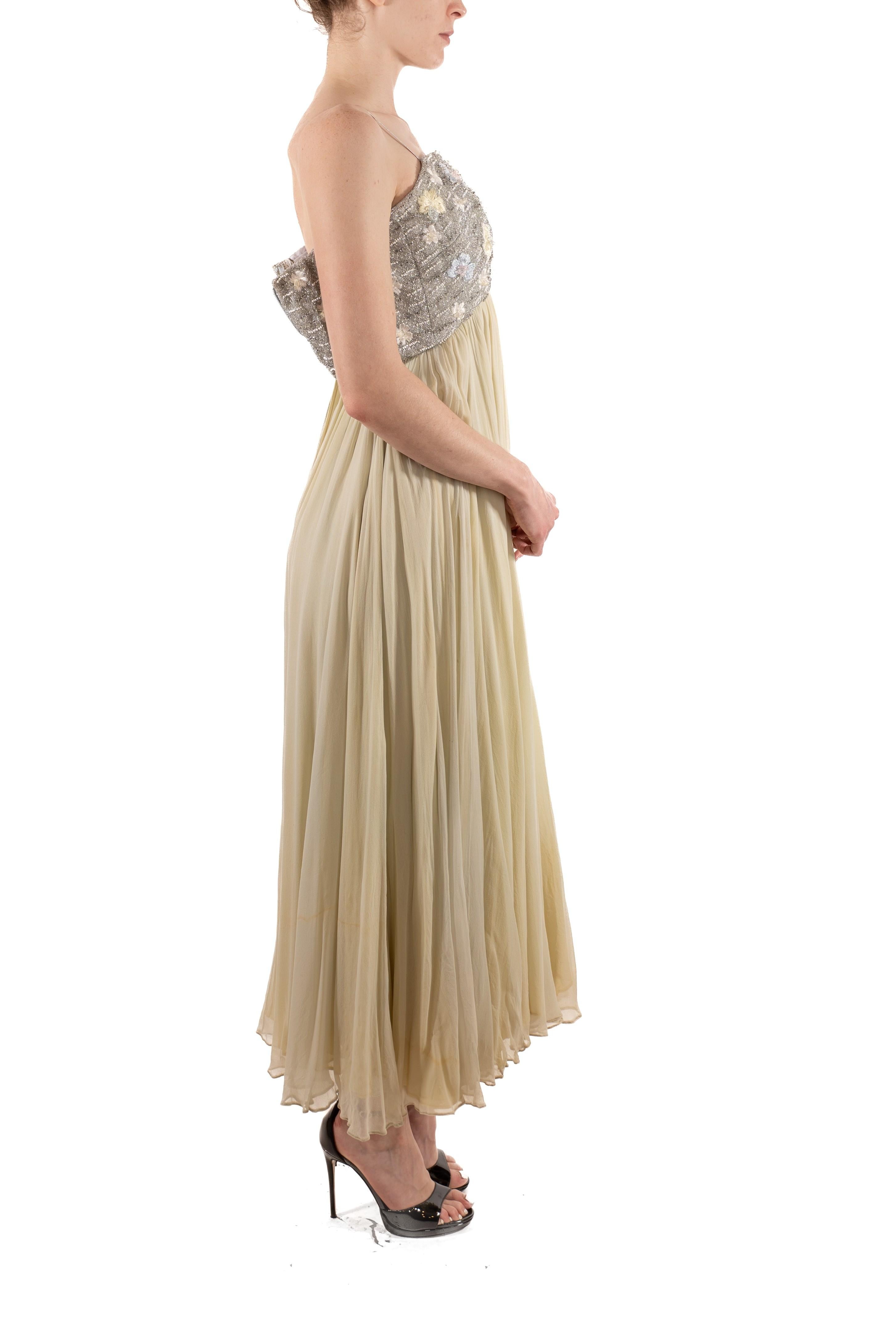 1960S Oyster Grey & Mint Green Silk Chiffon Silver Beaded Bodice Gown In Good Condition For Sale In New York, NY