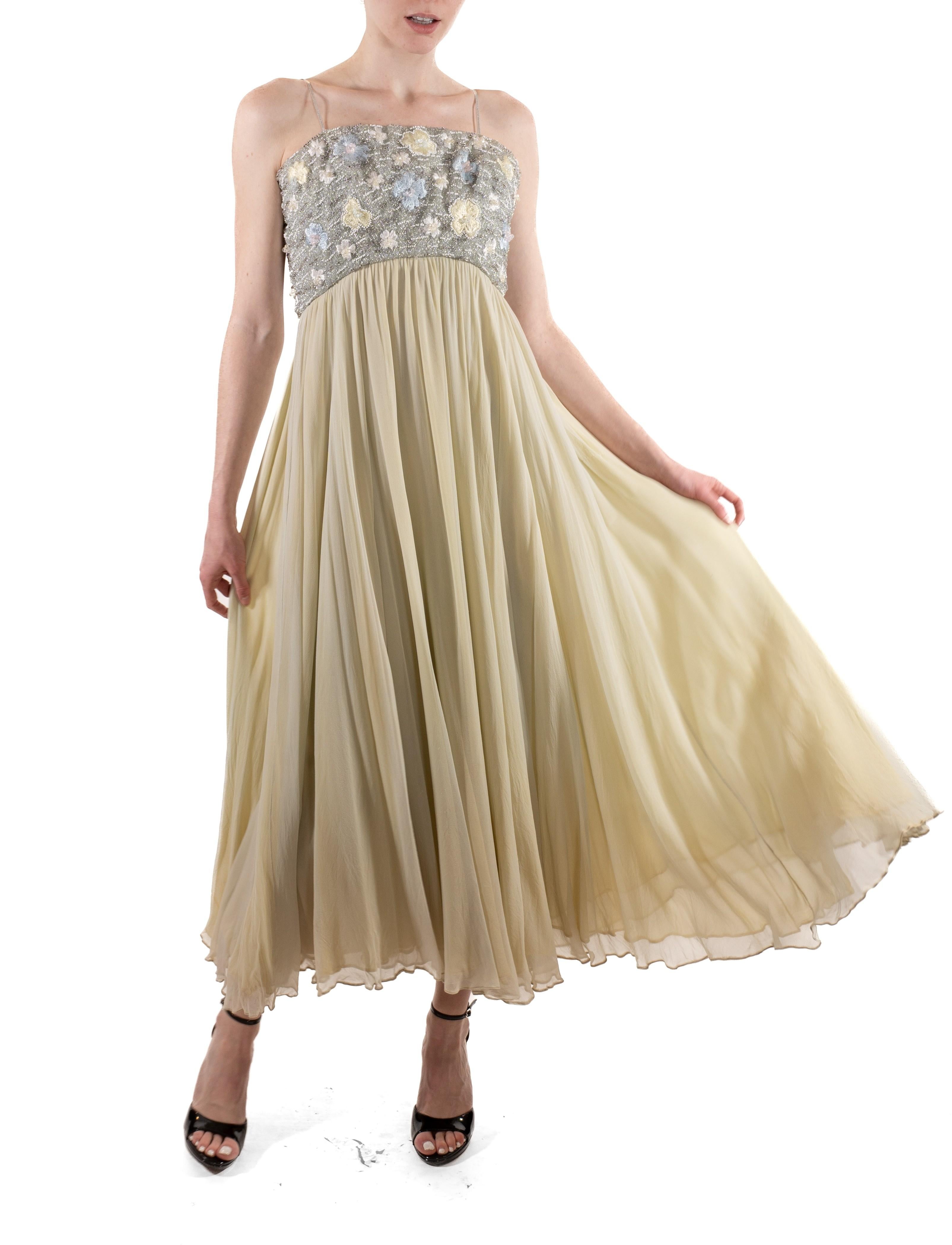 Women's 1960S Oyster Grey & Mint Green Silk Chiffon Silver Beaded Bodice Gown For Sale
