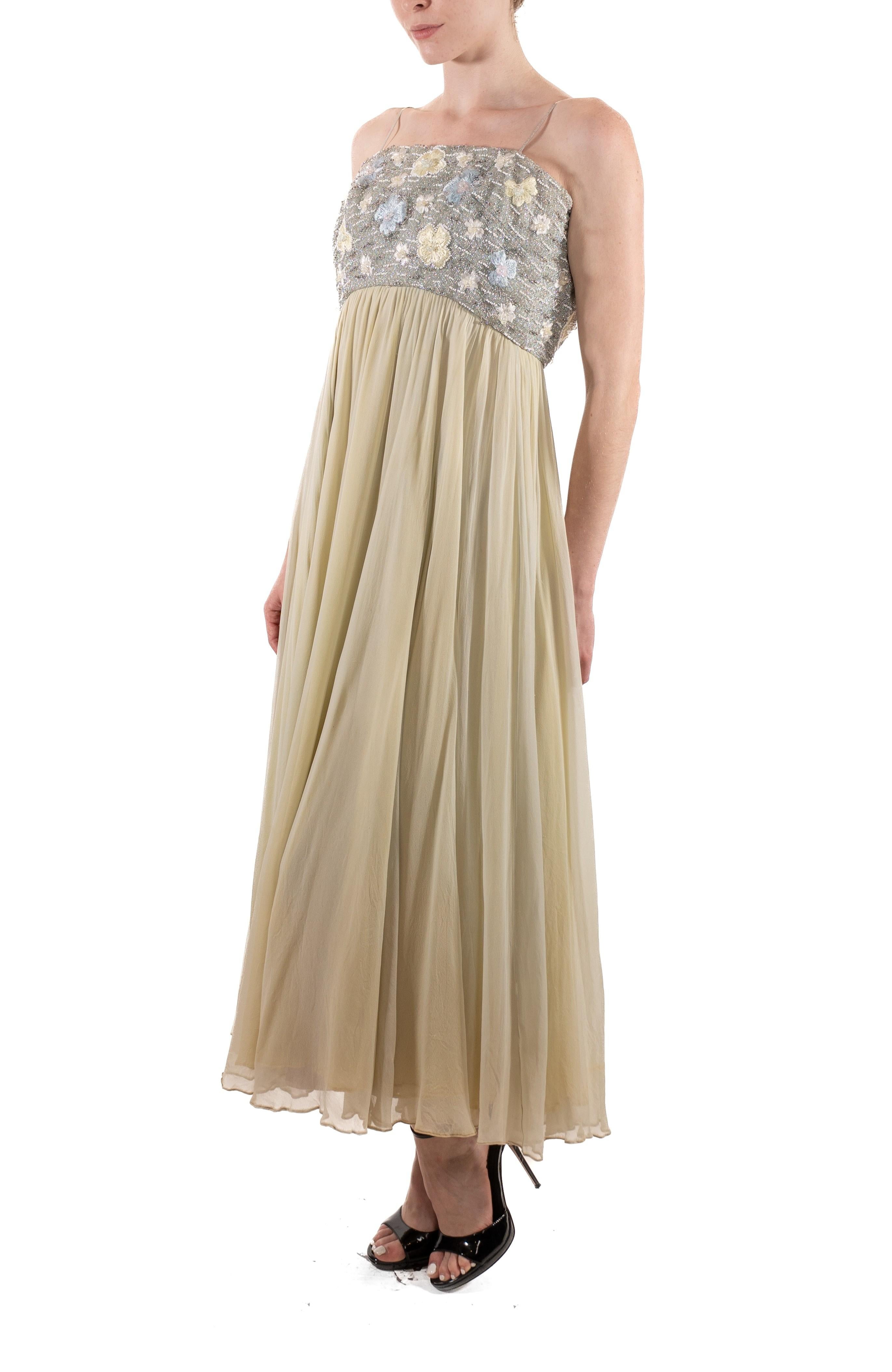1960S Oyster Grey & Mint Green Silk Chiffon Silver Beaded Bodice Gown For Sale 1