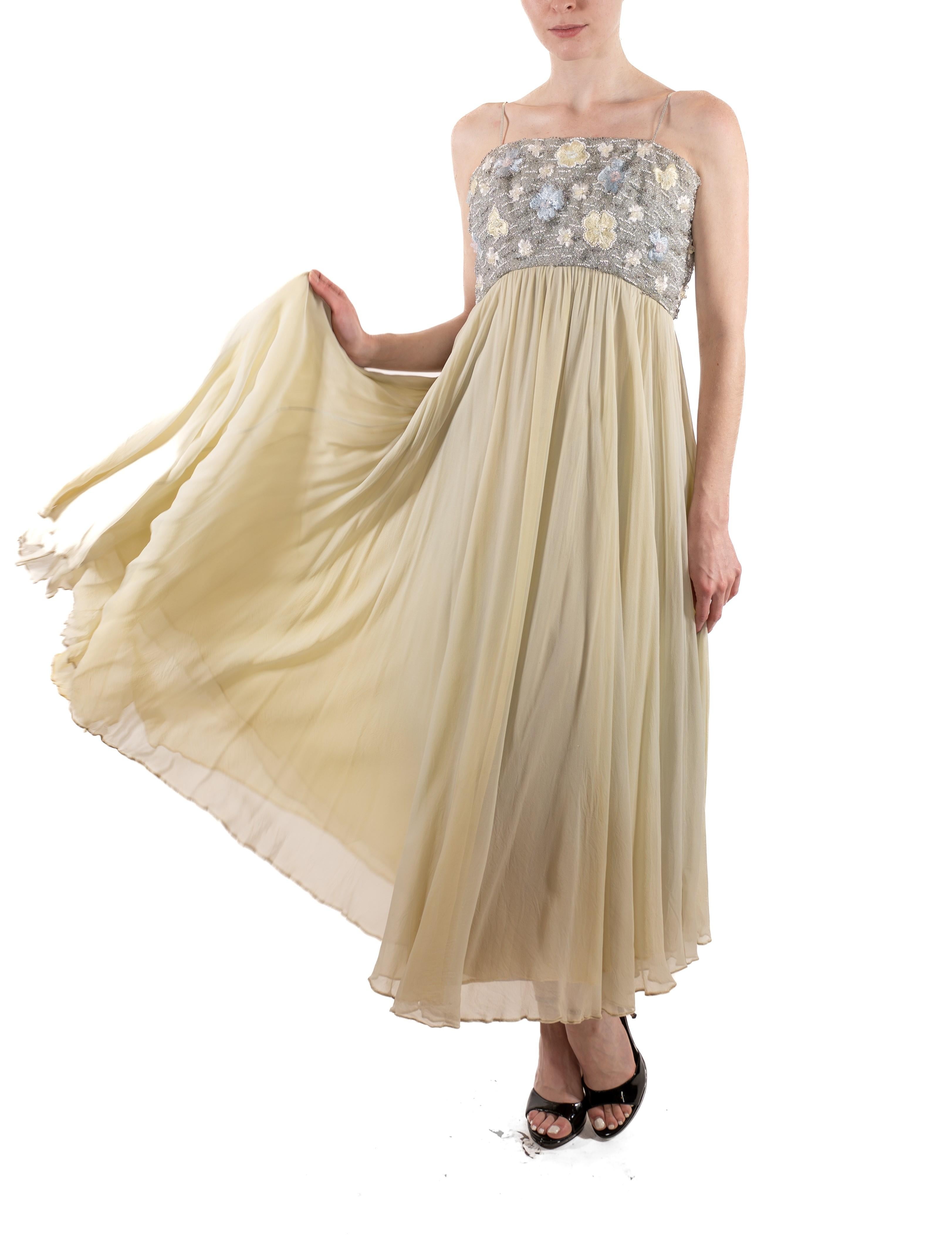 1960S Oyster Grey & Mint Green Silk Chiffon Silver Beaded Bodice Gown For Sale 2