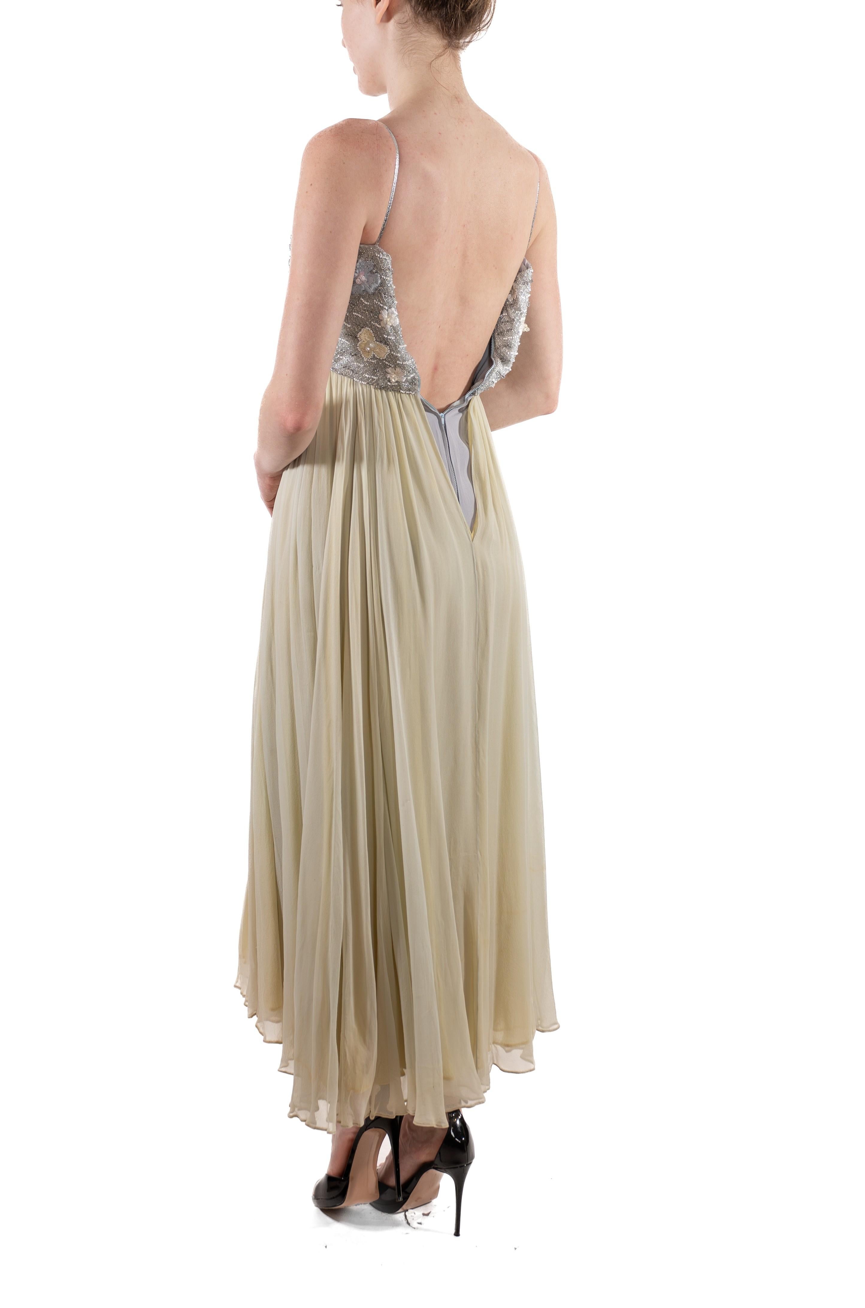 1960S Oyster Grey & Mint Green Silk Chiffon Silver Beaded Bodice Gown For Sale 3