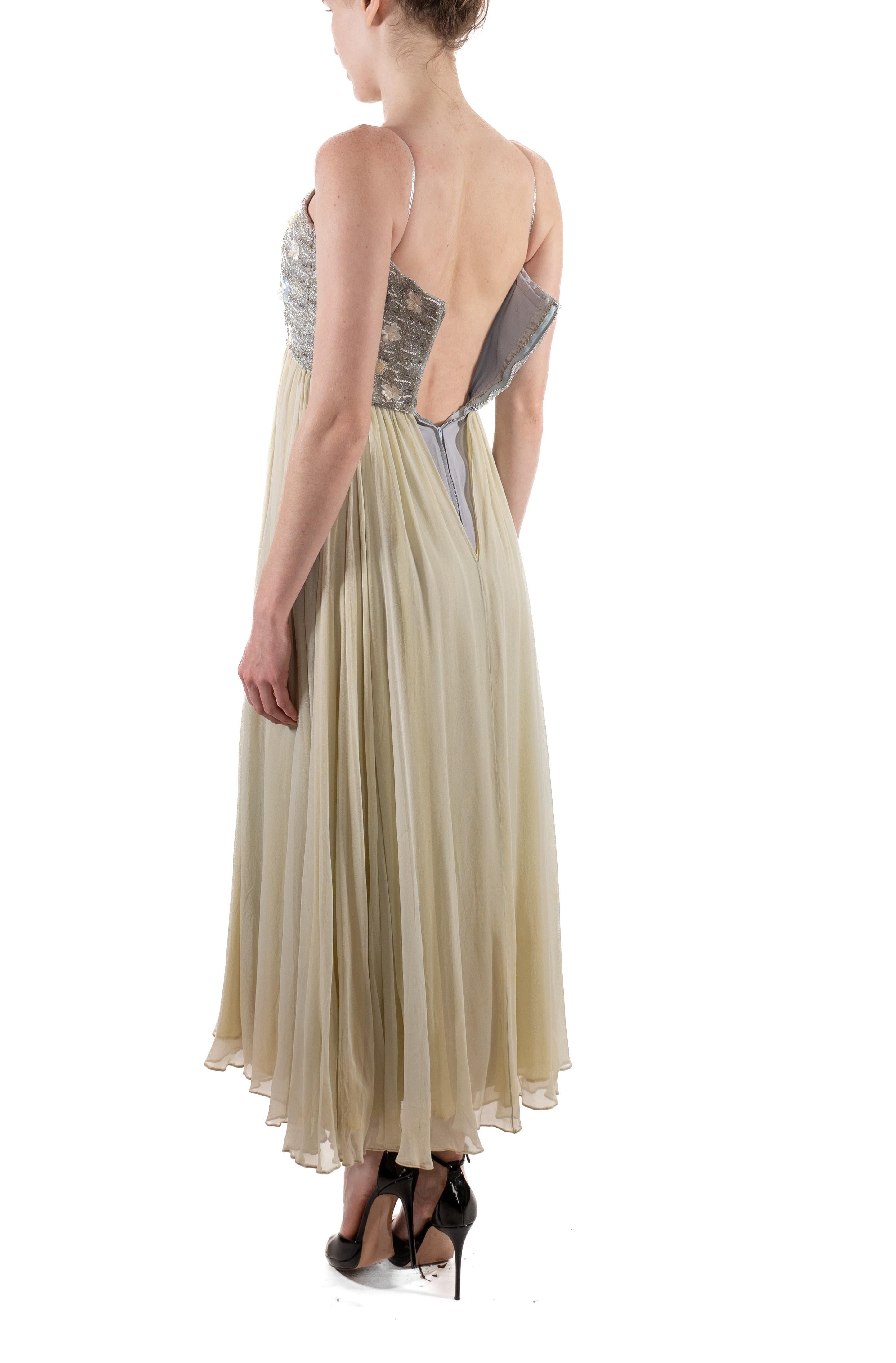 1960S Oyster Grey & Mint Green Silk Chiffon Silver Beaded Bodice Gown For Sale 4